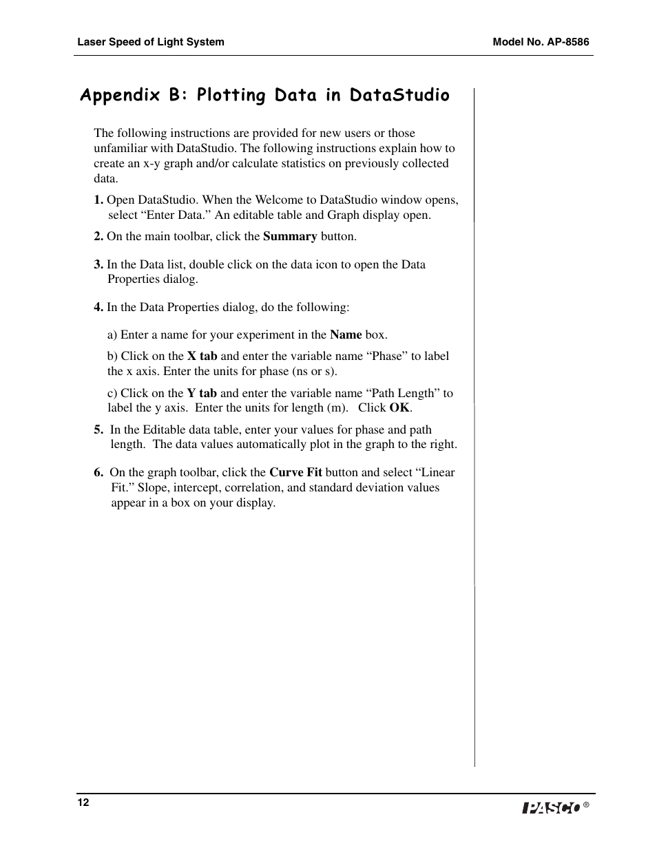 Appendix b: plotting data in datastudio | PASCO AP-8586 Laser Speed of Light Apparatus User Manual | Page 13 / 18