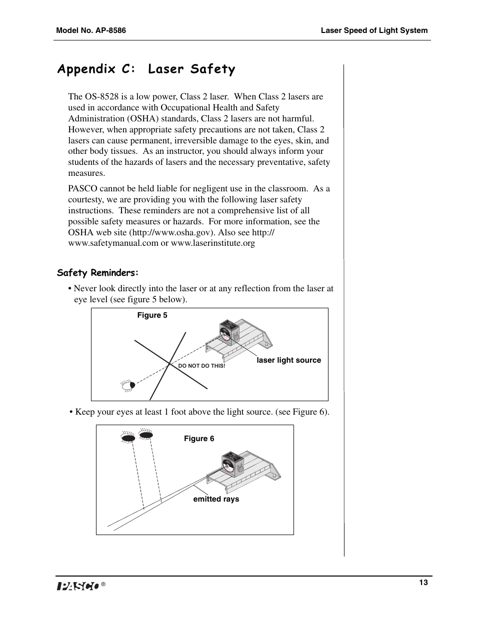 Appendix c: laser safety | PASCO AP-8586 Laser Speed of Light Apparatus User Manual | Page 14 / 18