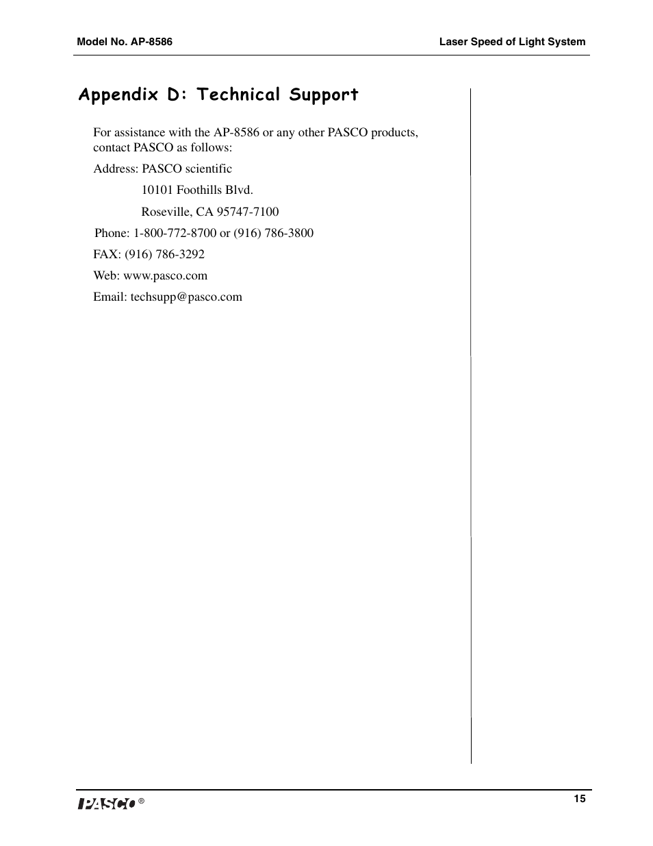 Appendix d: technical support | PASCO AP-8586 Laser Speed of Light Apparatus User Manual | Page 16 / 18