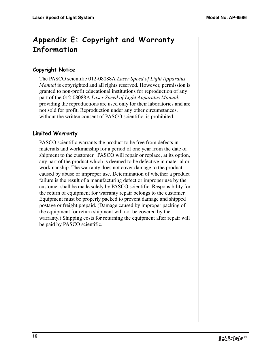 Appendix e: copyright and warranty information | PASCO AP-8586 Laser Speed of Light Apparatus User Manual | Page 17 / 18