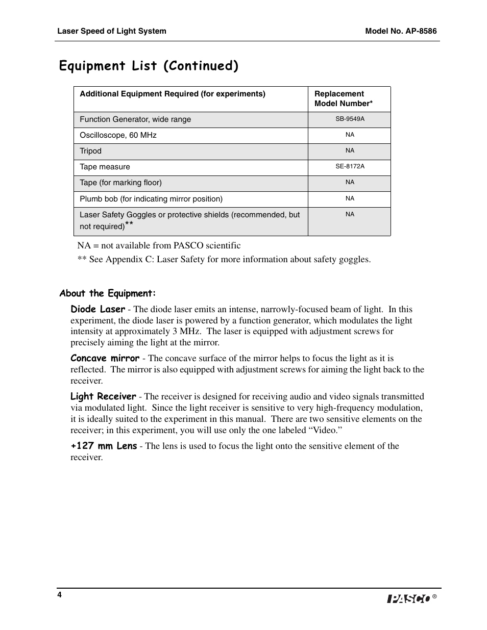 Equipment list (continued) | PASCO AP-8586 Laser Speed of Light Apparatus User Manual | Page 5 / 18