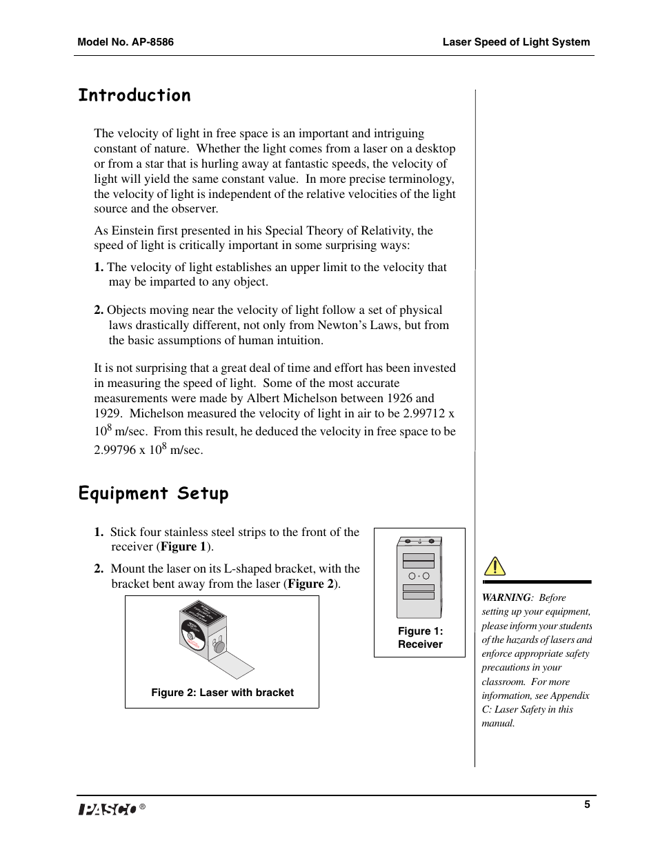 Introduction, Equipment setup | PASCO AP-8586 Laser Speed of Light Apparatus User Manual | Page 6 / 18