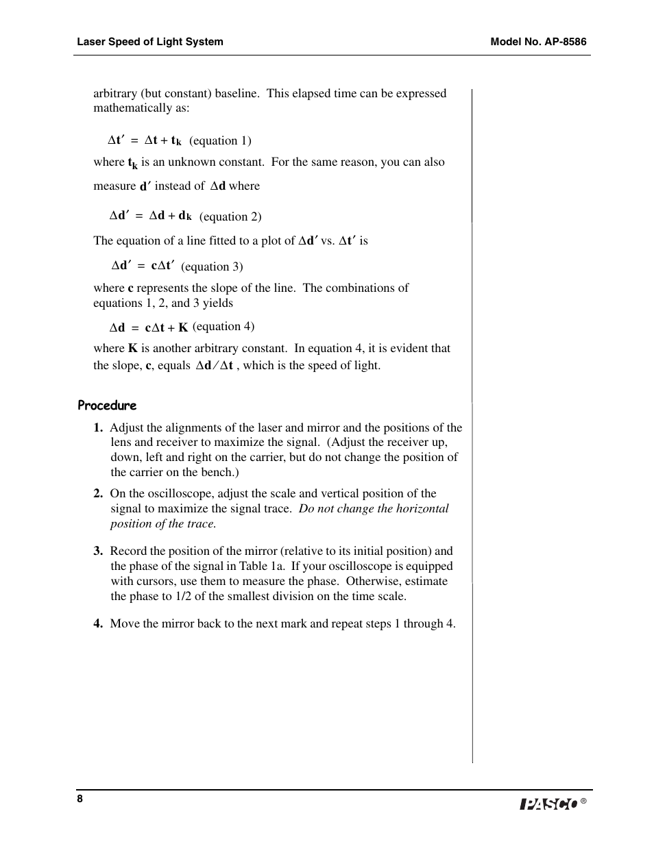 PASCO AP-8586 Laser Speed of Light Apparatus User Manual | Page 9 / 18