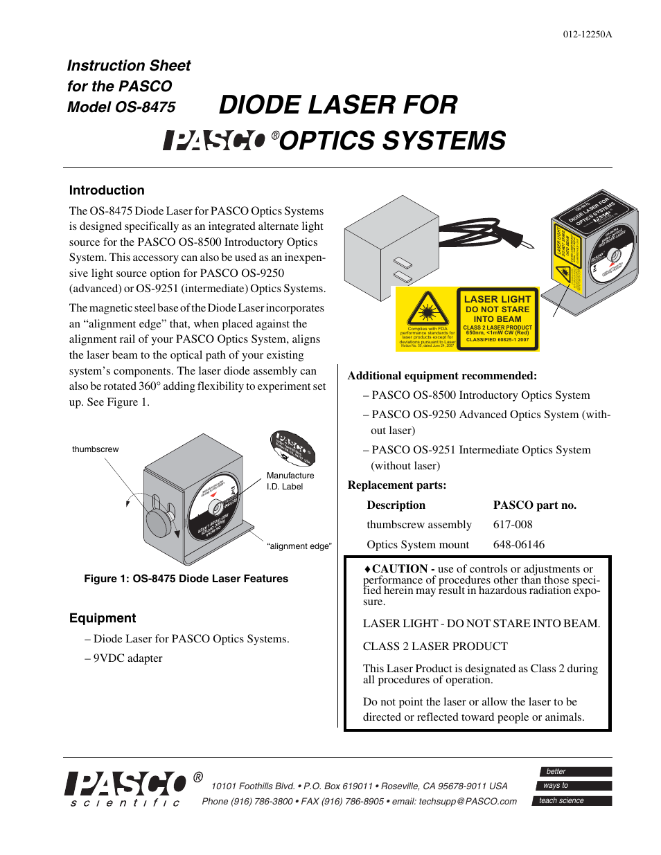 PASCO OS-8475 DIODE LASER User Manual | 4 pages