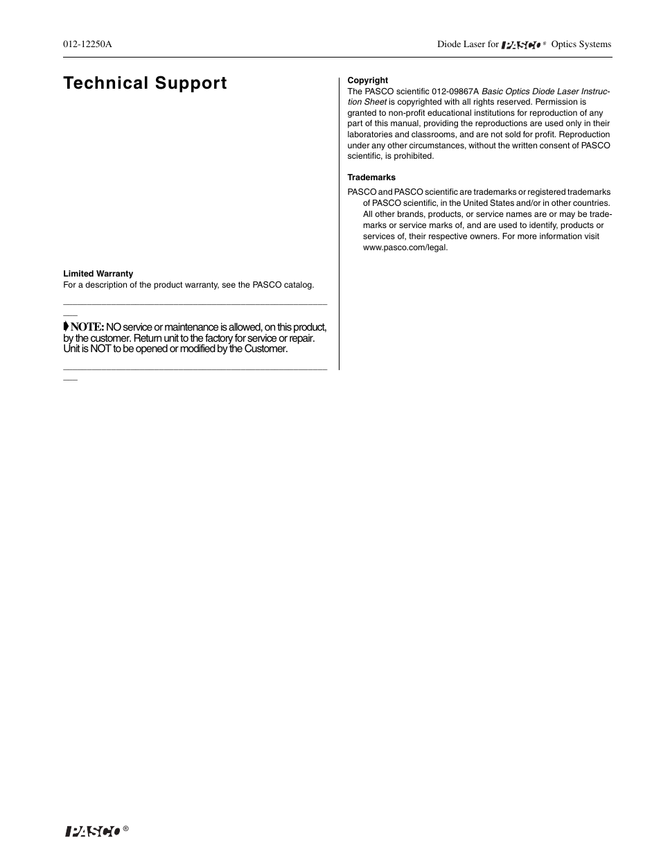 Technical support | PASCO OS-8475 DIODE LASER User Manual | Page 3 / 4
