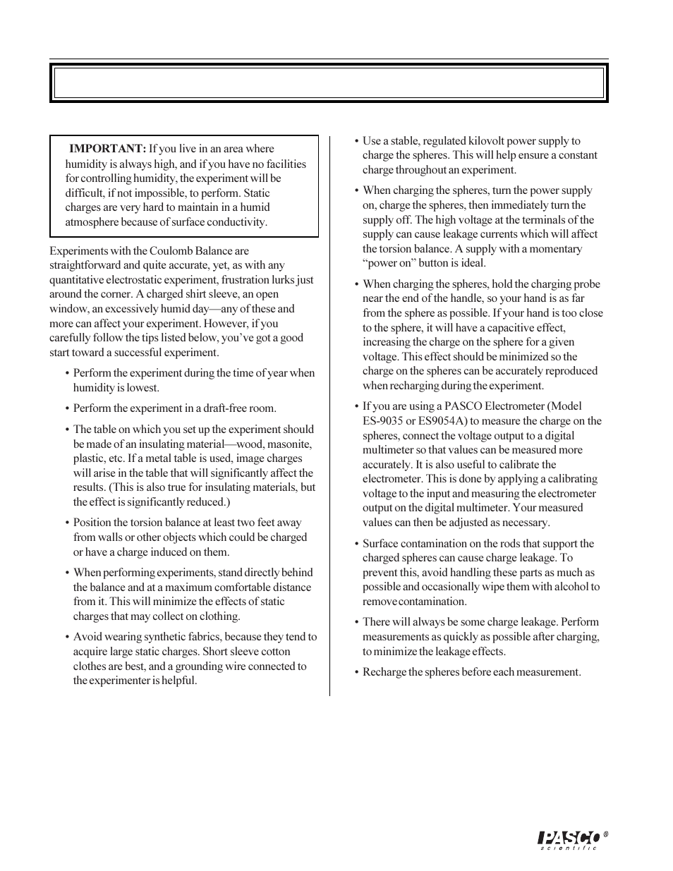 Tips for accurate results | PASCO ES-9070 COULOMB BALANCE User Manual | Page 8 / 22