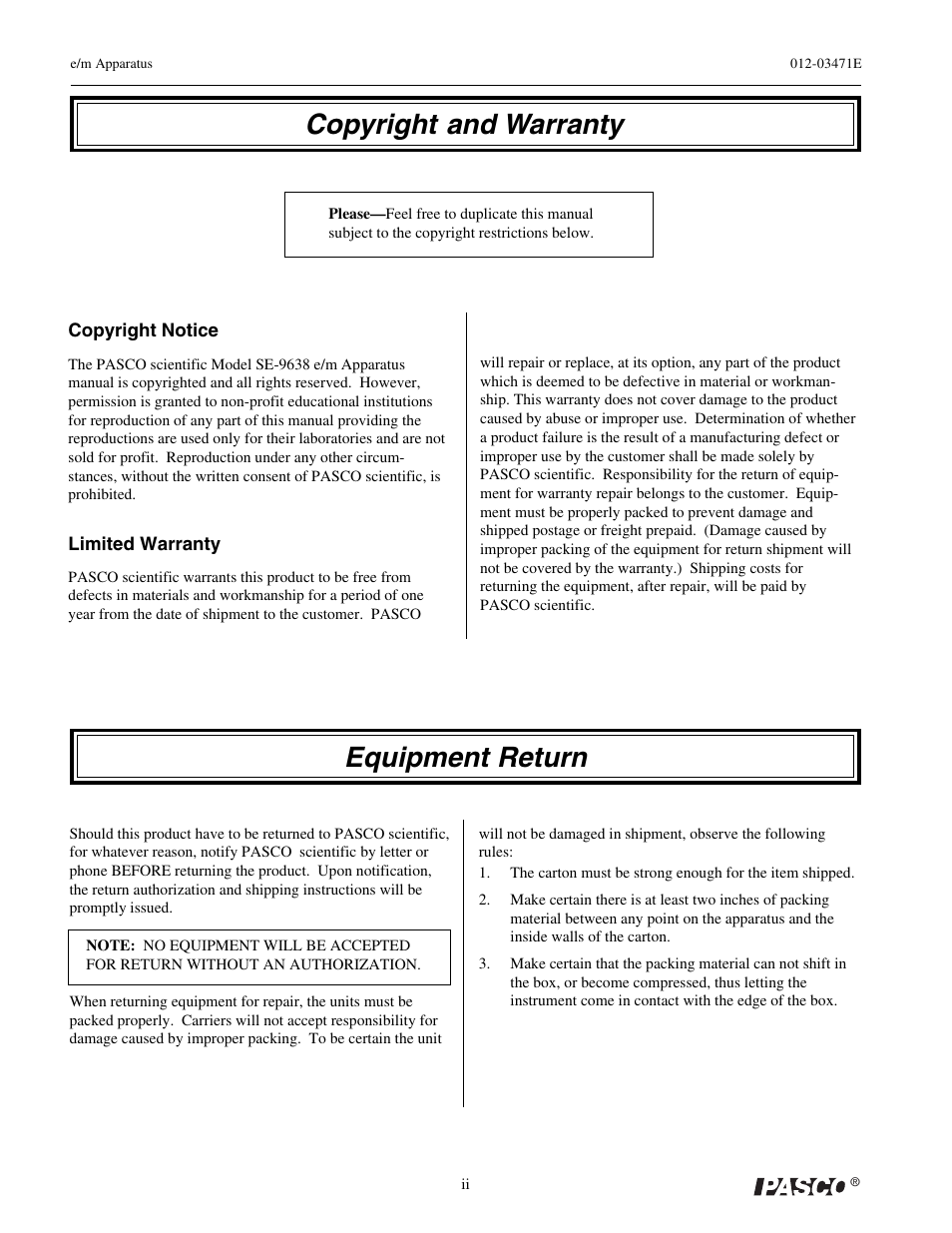Copyright and warranty, Equipment return | PASCO SE-9638 e-m APPARATUS User Manual | Page 4 / 11