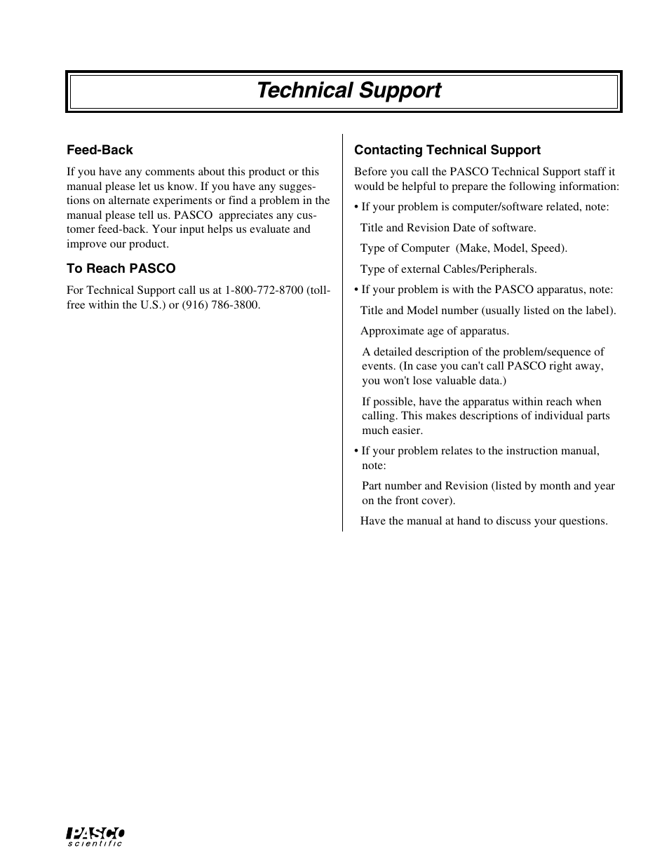 Technical support | PASCO SE-9638 e-m APPARATUS User Manual | Page 5 / 11