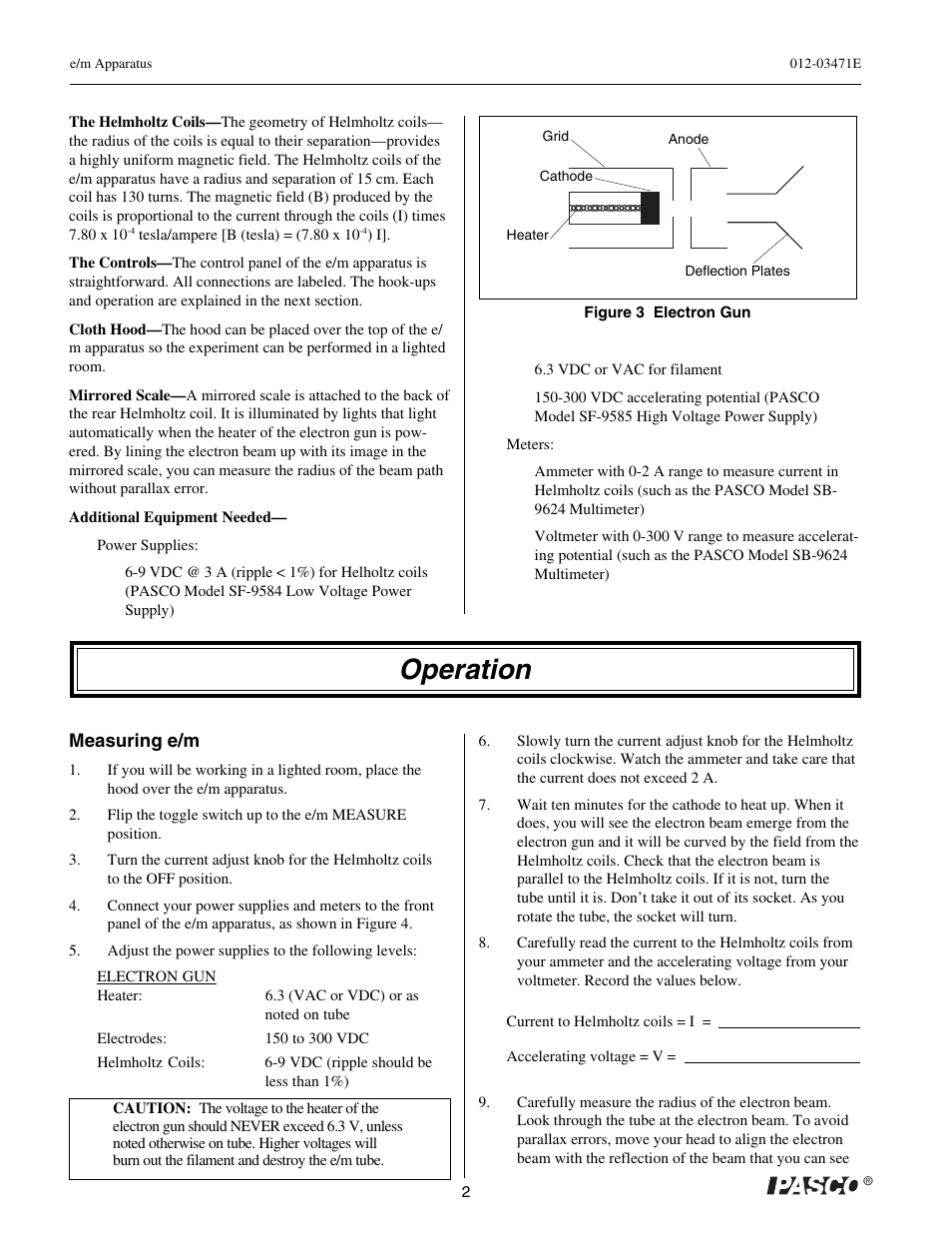 Operation | PASCO SE-9638 e-m APPARATUS User Manual | Page 7 / 11