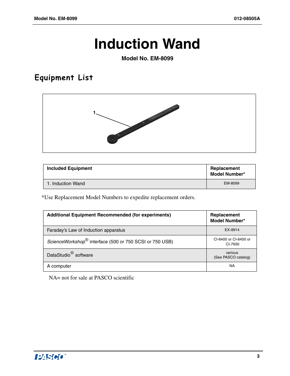 PASCO EM-8099 Induction Wand User Manual | 3 pages