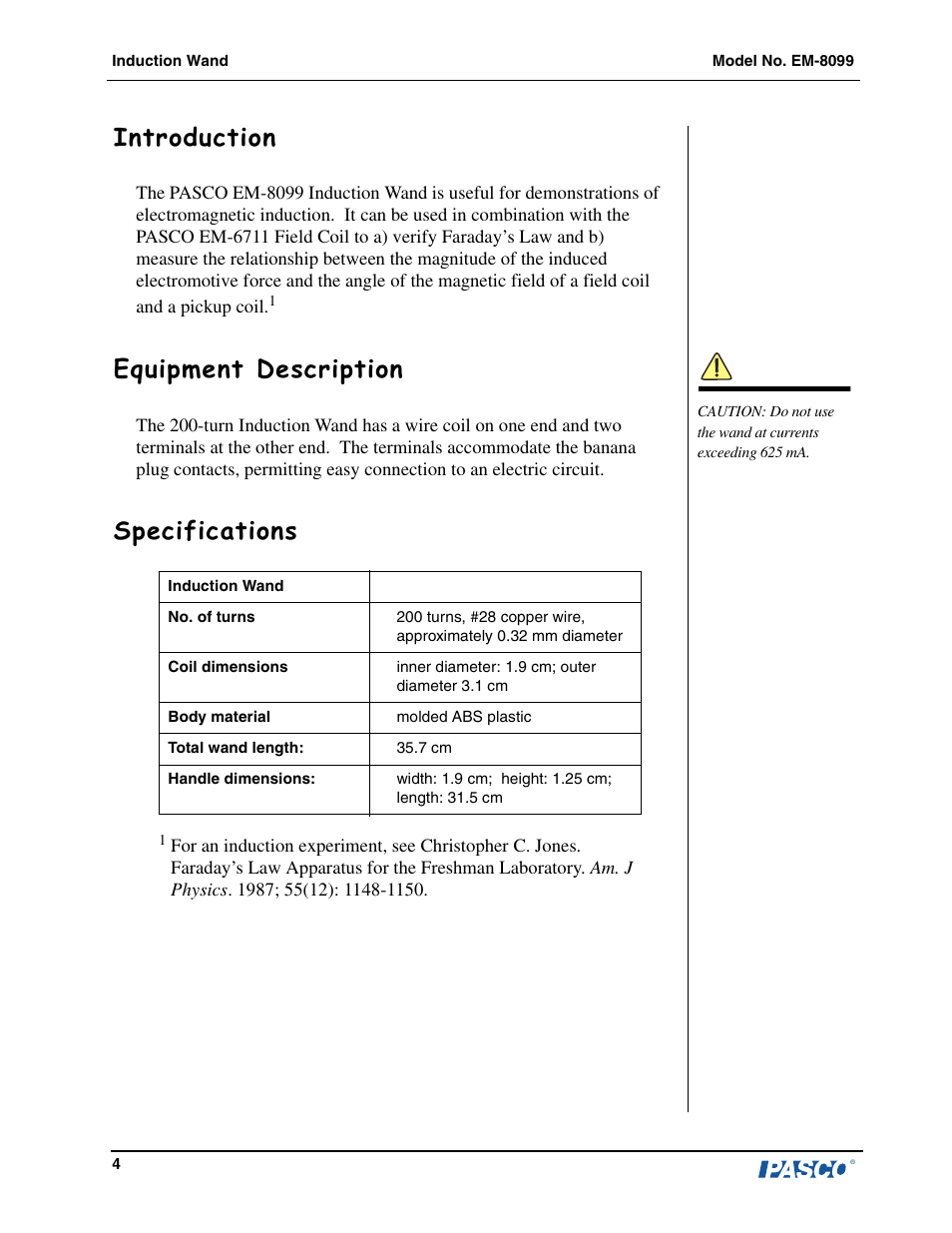 Introduction, Equipment description, Specifications | PASCO EM-8099 Induction Wand User Manual | Page 2 / 3