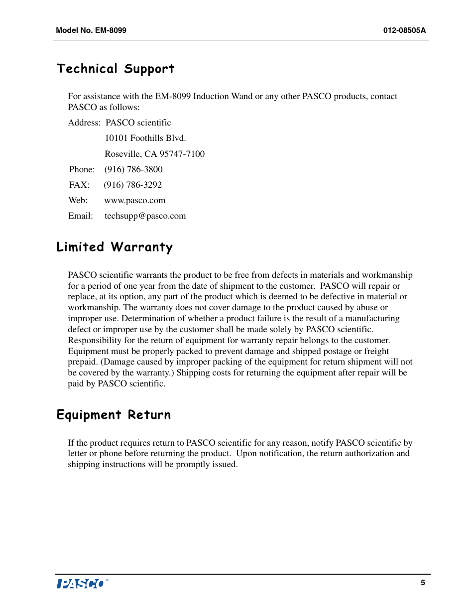 Technical support, Limited warranty, Equipment return | PASCO EM-8099 Induction Wand User Manual | Page 3 / 3