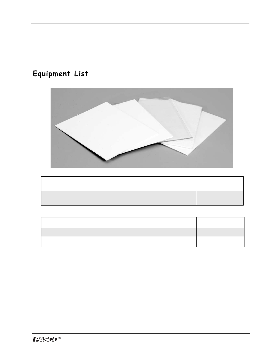Discover charge set, Equipment list | PASCO ES-8086 Discover Charge Set User Manual | Page 3 / 9