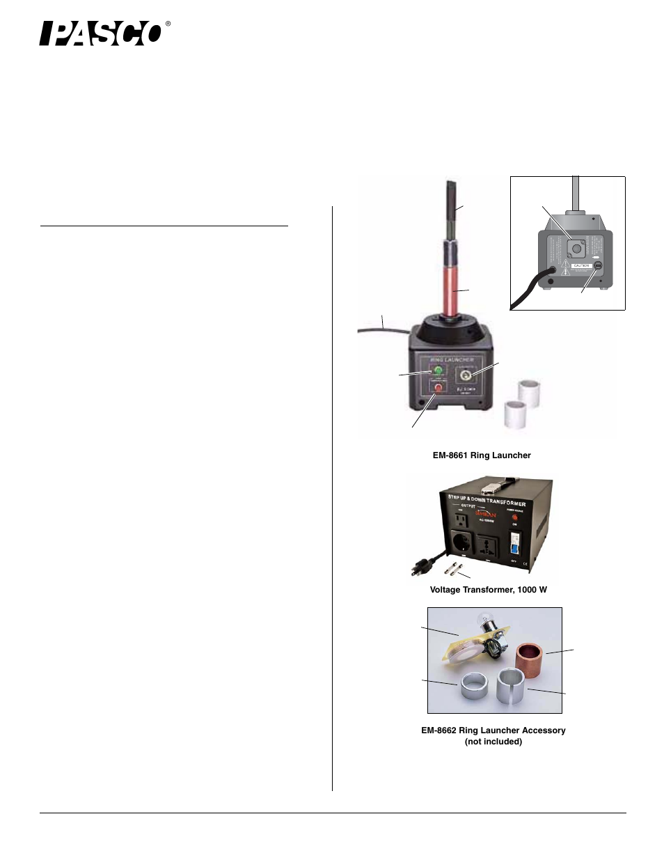 PASCO EM-8661-220V Ring Launcher User Manual | 4 pages