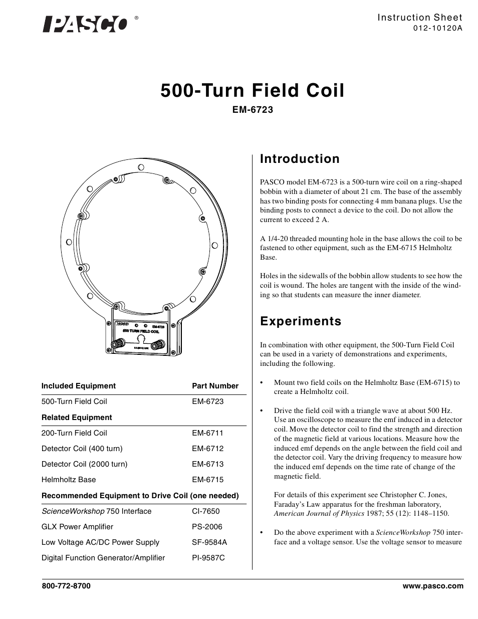 PASCO EM-6723 500-Turn Field Coil User Manual | 2 pages