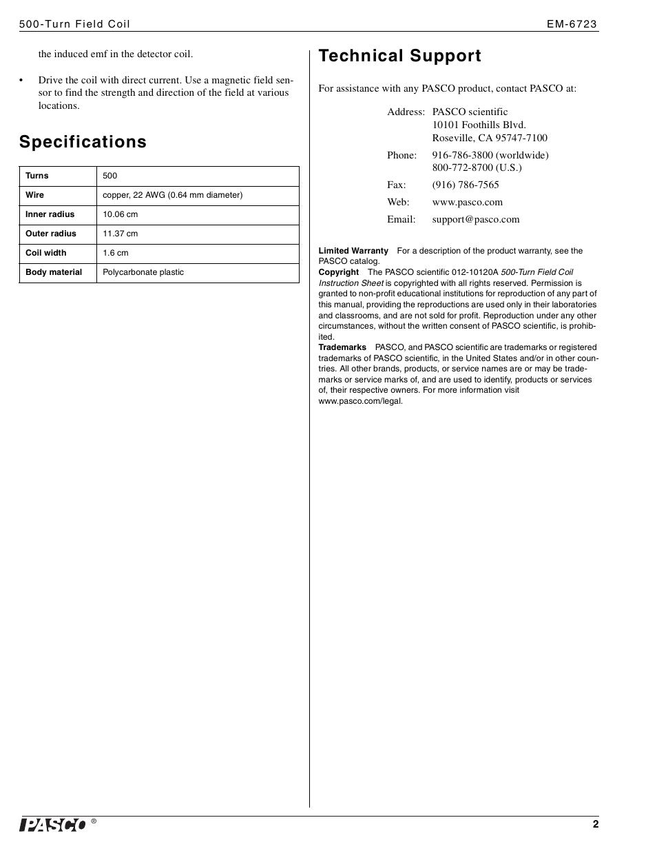 Specifications technical support | PASCO EM-6723 500-Turn Field Coil User Manual | Page 2 / 2