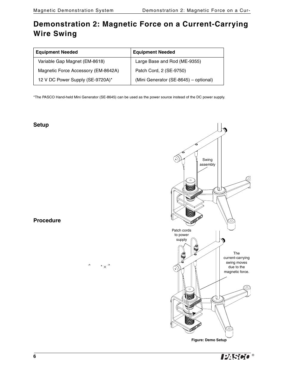 Setup, Procedure | PASCO EM-8642A Magnetic Force Accessory User Manual | Page 10 / 12