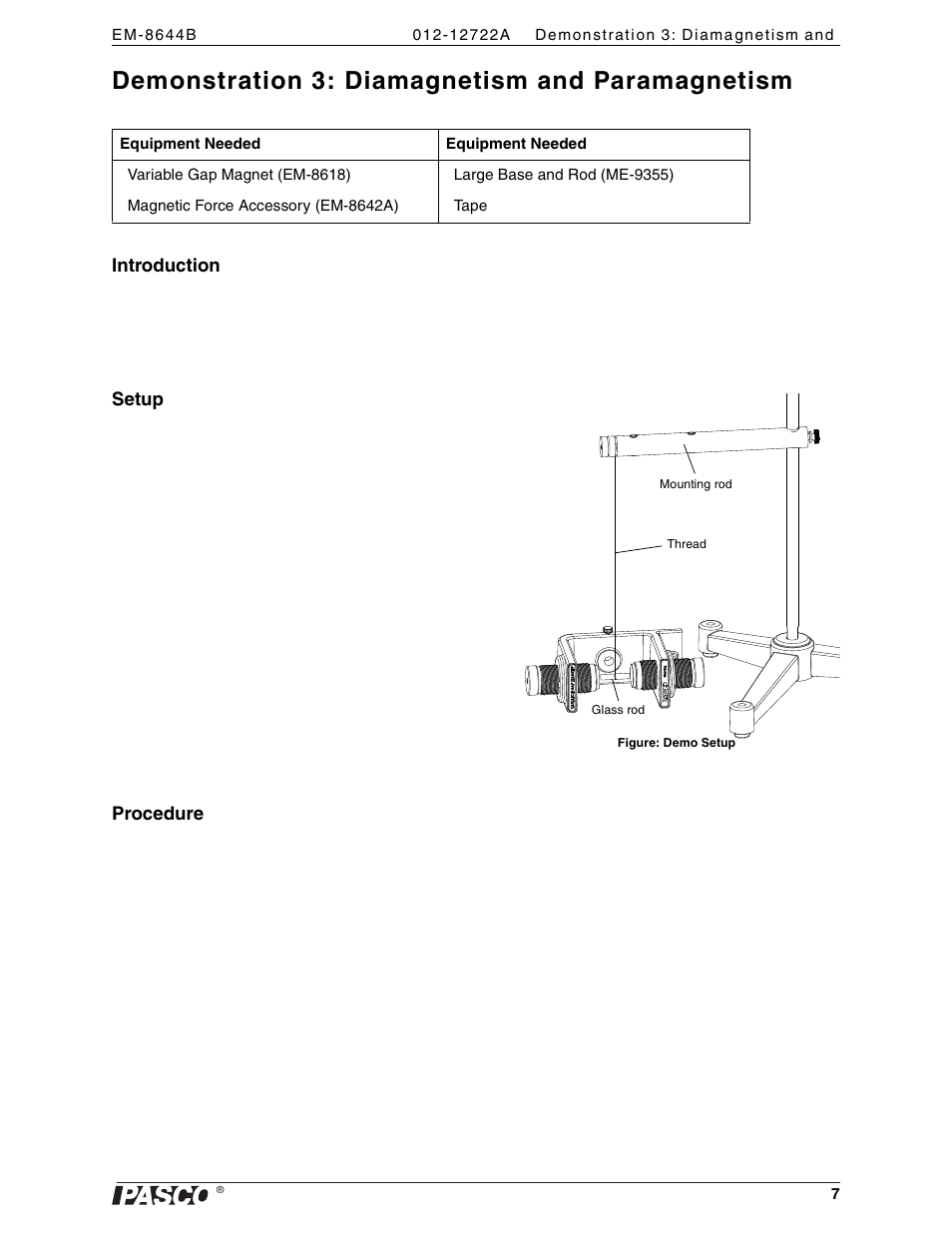 Demonstration 3: diamagnetism and paramagnetism, Introduction, Setup | Procedure | PASCO EM-8642A Magnetic Force Accessory User Manual | Page 11 / 12