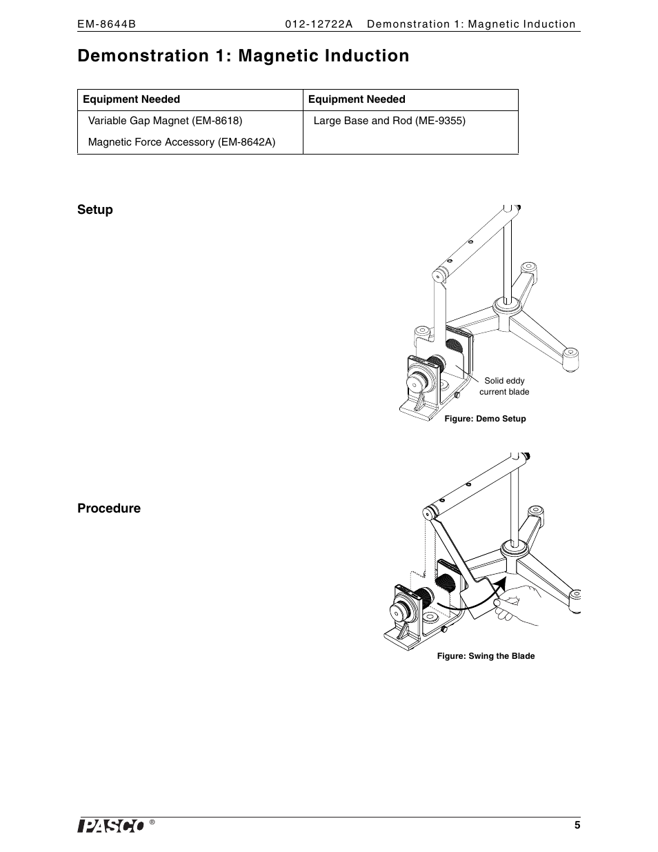 Demonstration 1: magnetic induction, Setup, Procedure | PASCO EM-8642A Magnetic Force Accessory User Manual | Page 9 / 12