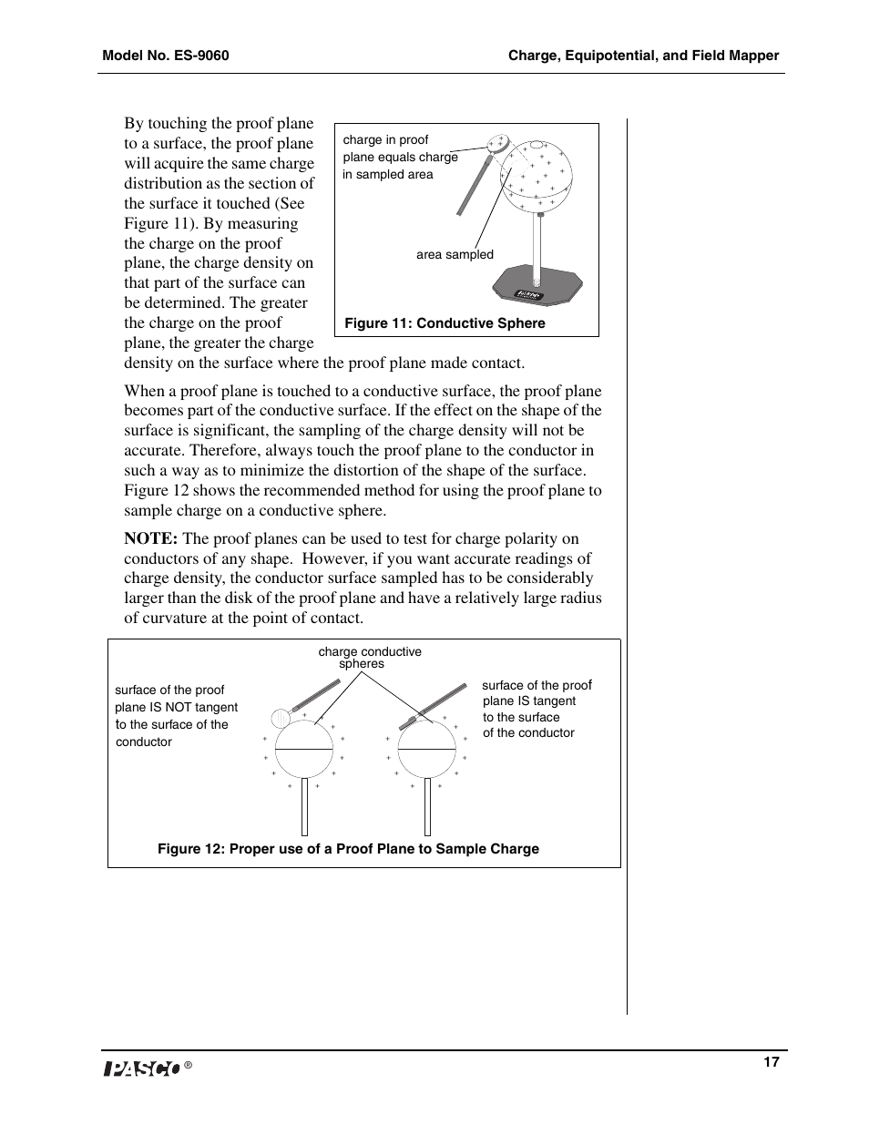 Figure 11: conductive sphere, Area sampled, Plane equals charge charge in proof | Surface of the proo, O the surface of the conductor charge conductive, Spheres | PASCO ES-9060 Charge, Equipotential and Field Mapper User Manual | Page 18 / 24