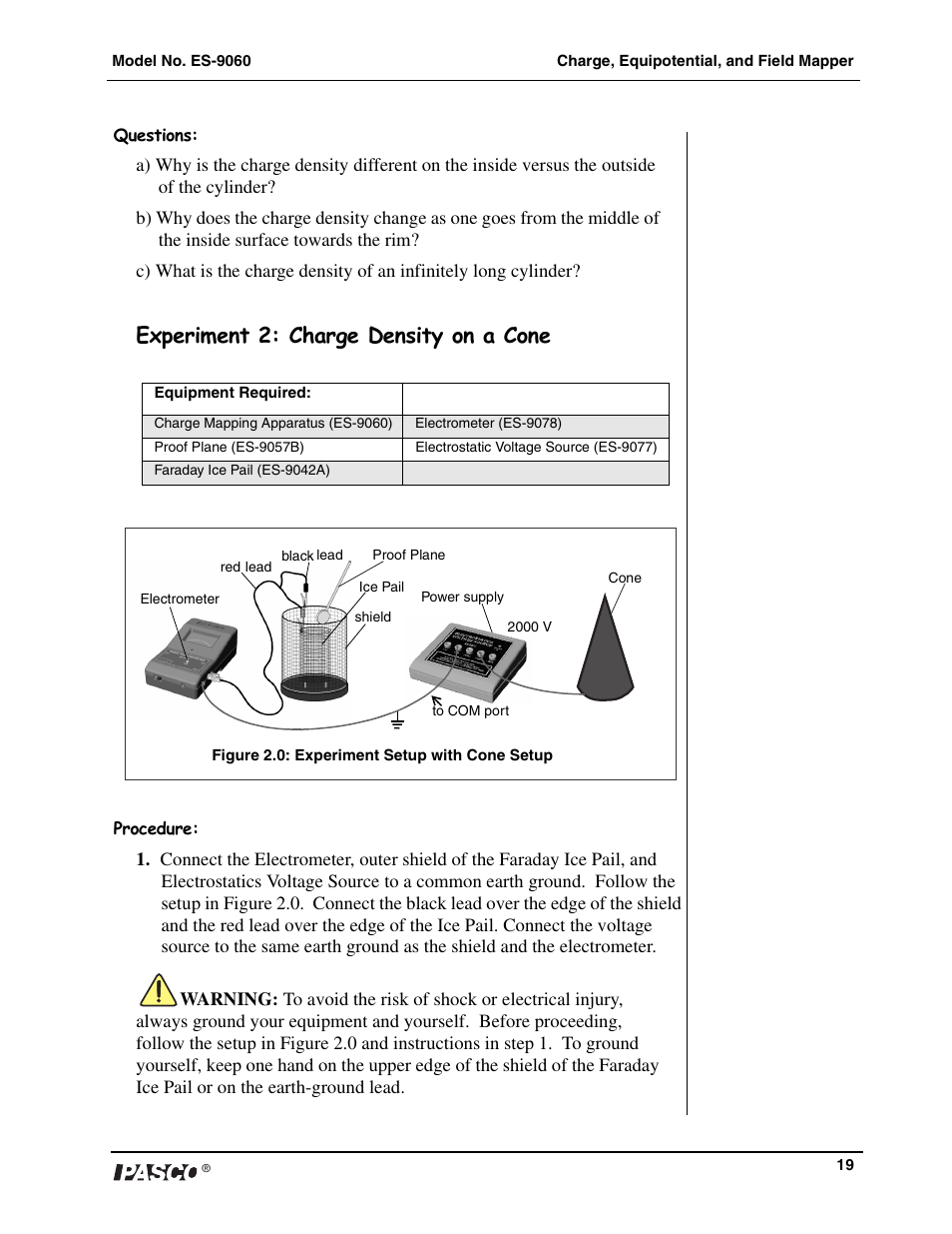 Experiment 2: charge density on a cone | PASCO ES-9060 Charge, Equipotential and Field Mapper User Manual | Page 20 / 24