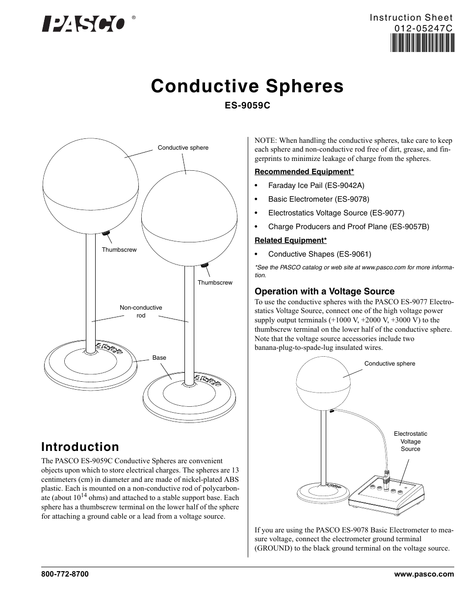 PASCO ES-9059C Conductive Spheres User Manual | 2 pages