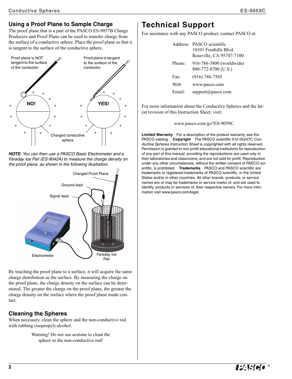 Technical support, Using a proof plane to sample charge, Cleaning the spheres | PASCO ES-9059C Conductive Spheres User Manual | Page 2 / 2