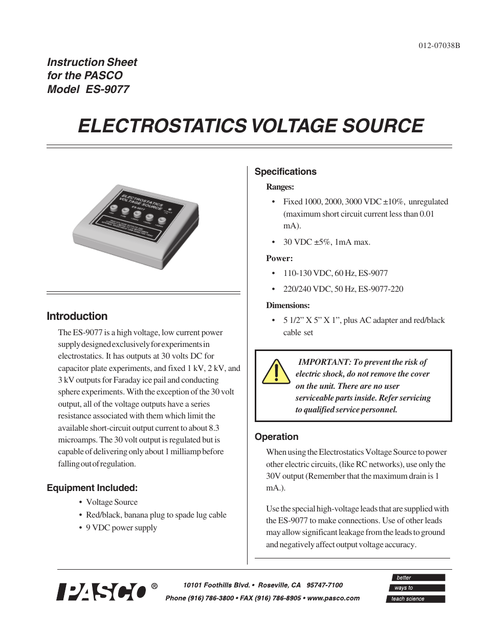 PASCO ES-9077 ELECTROSTATICS VOLTAGE SOURCE User Manual | 2 pages