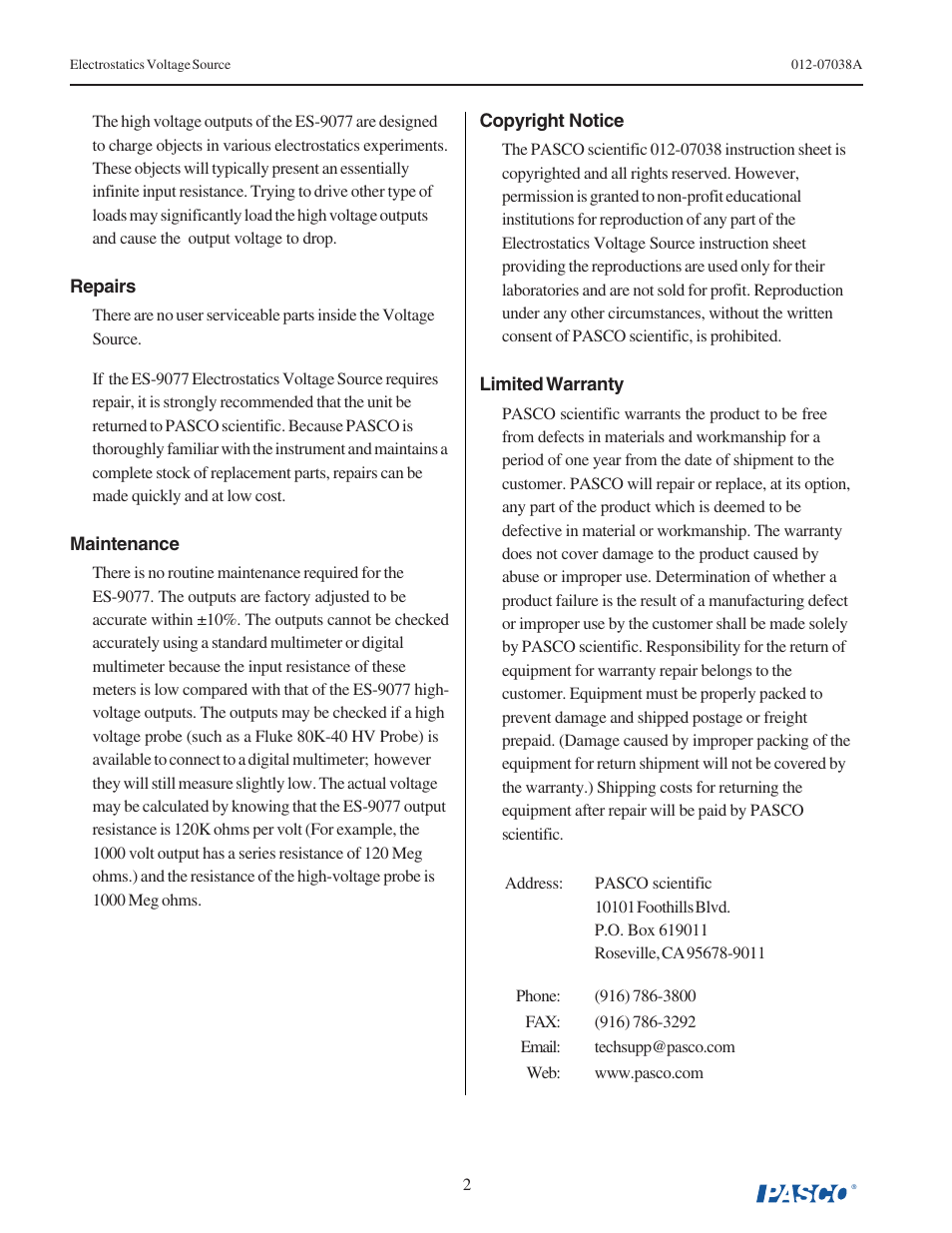 PASCO ES-9077 ELECTROSTATICS VOLTAGE SOURCE User Manual | Page 2 / 2