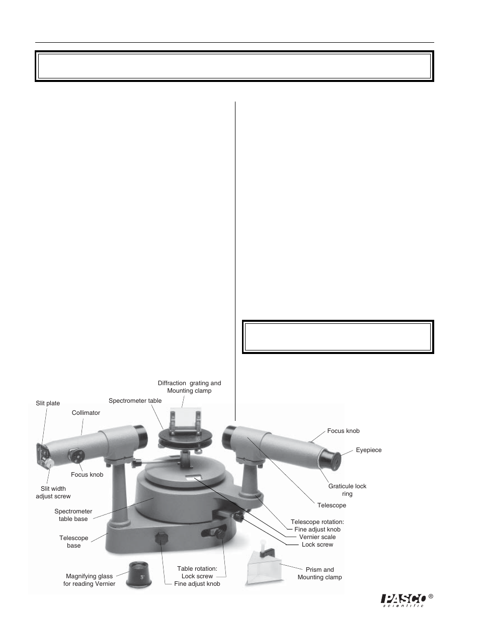 Equipment, Collimator and telescope, Rotating bases | Spectrometer table, Accessories, Optional equipment: gaussian eyepiece | PASCO SP-9268A STUDENT SPECTROMETER User Manual | Page 6 / 16