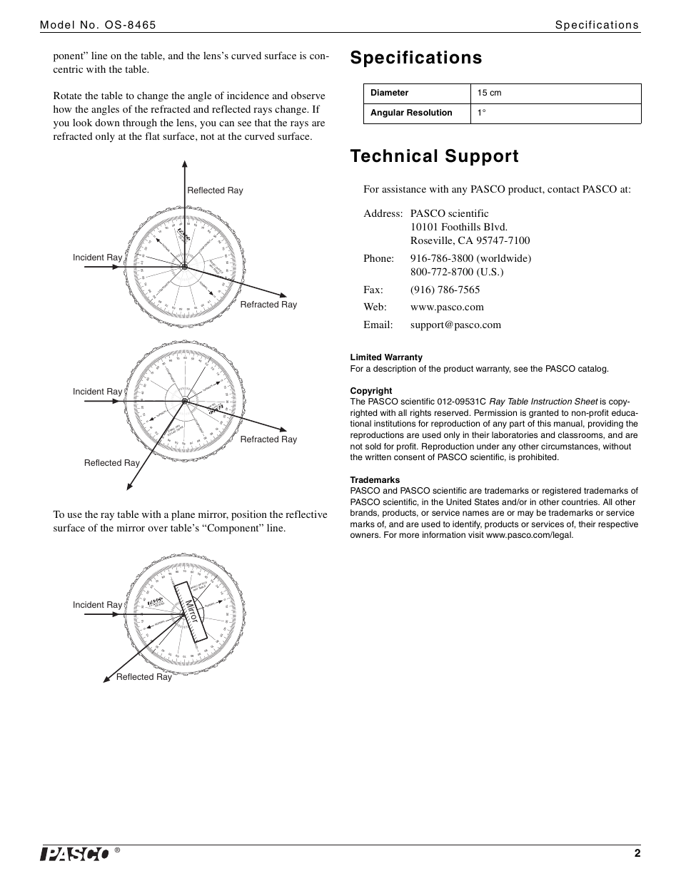 Specifications technical support | PASCO OS-8465 Ray Table User Manual | Page 2 / 2