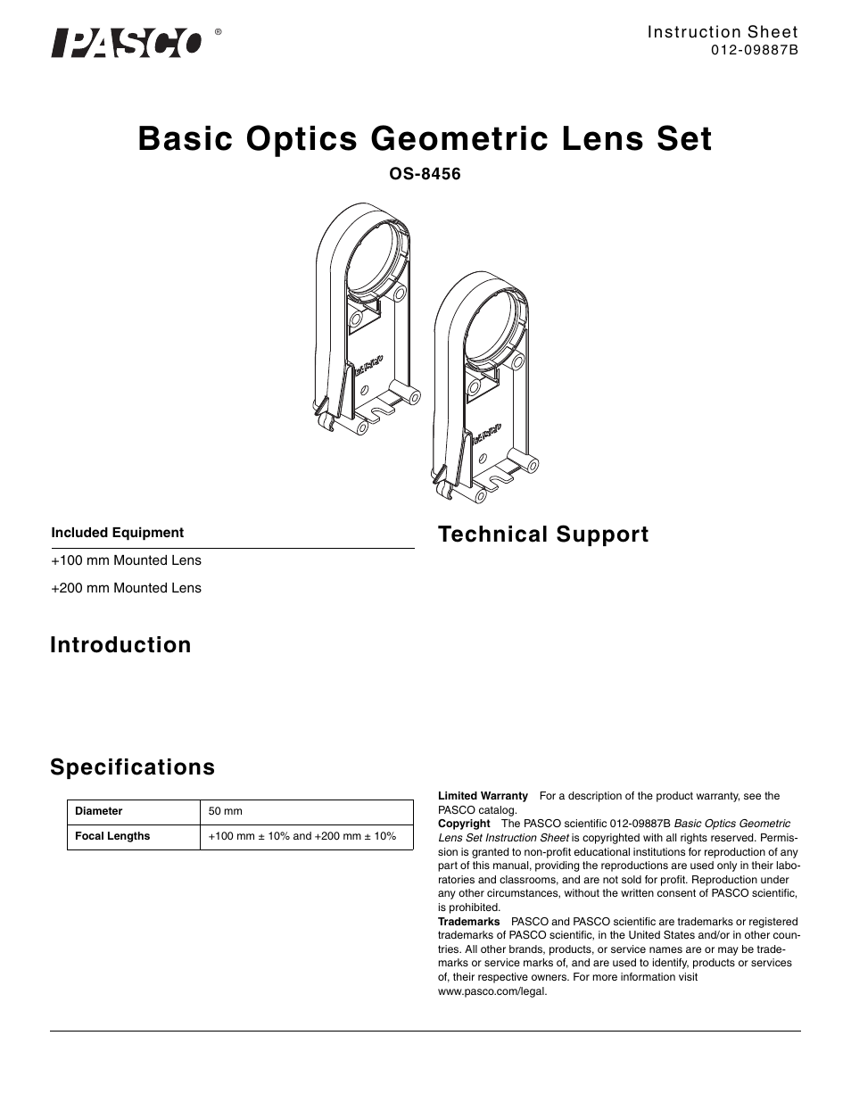 PASCO OS-8456 Basic Optics Geometric Lens Set User Manual | 1 page