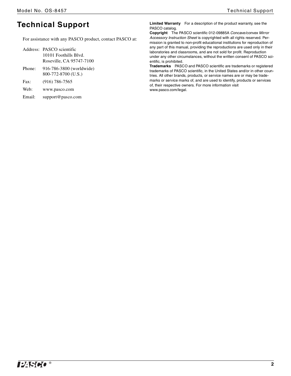 Technical support | PASCO OS-8457 Concave_convex Mirror Accessory User Manual | Page 2 / 2