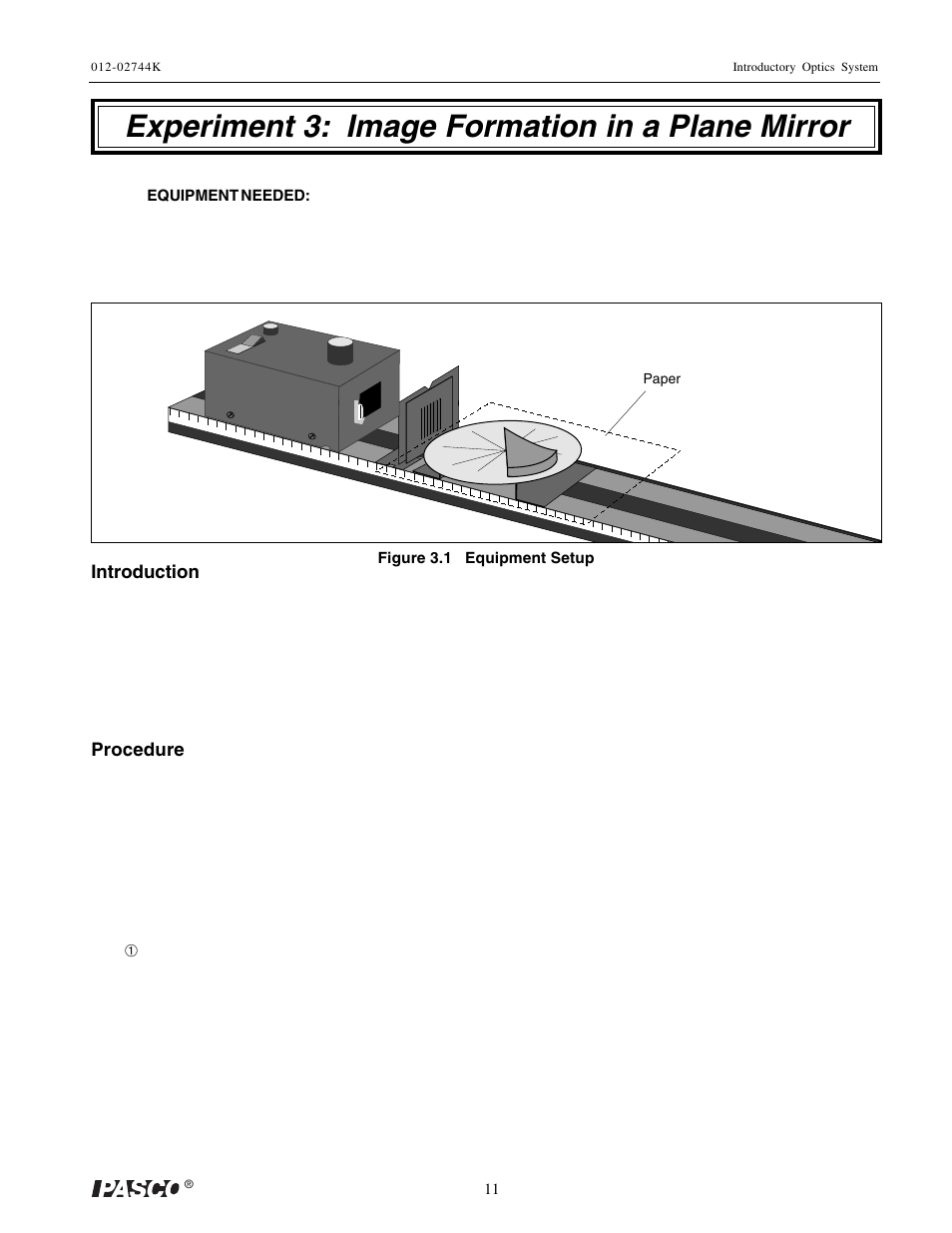 Experiment 3: image formation in a plane mirror | PASCO OS-8500 INTRODUCTORY OPTICS SYSTEM User Manual | Page 17 / 75