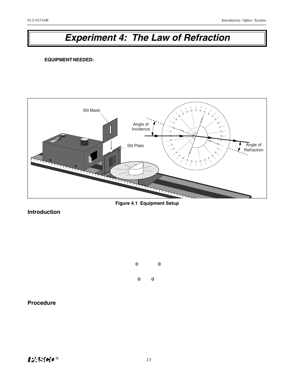 Experiment 4: the law of refraction, Introduction, Procedure | Sin θ, The quantities n, And n, And θ, 13 equipment needed, Figure 4.1 equipment setup | PASCO OS-8500 INTRODUCTORY OPTICS SYSTEM User Manual | Page 19 / 75