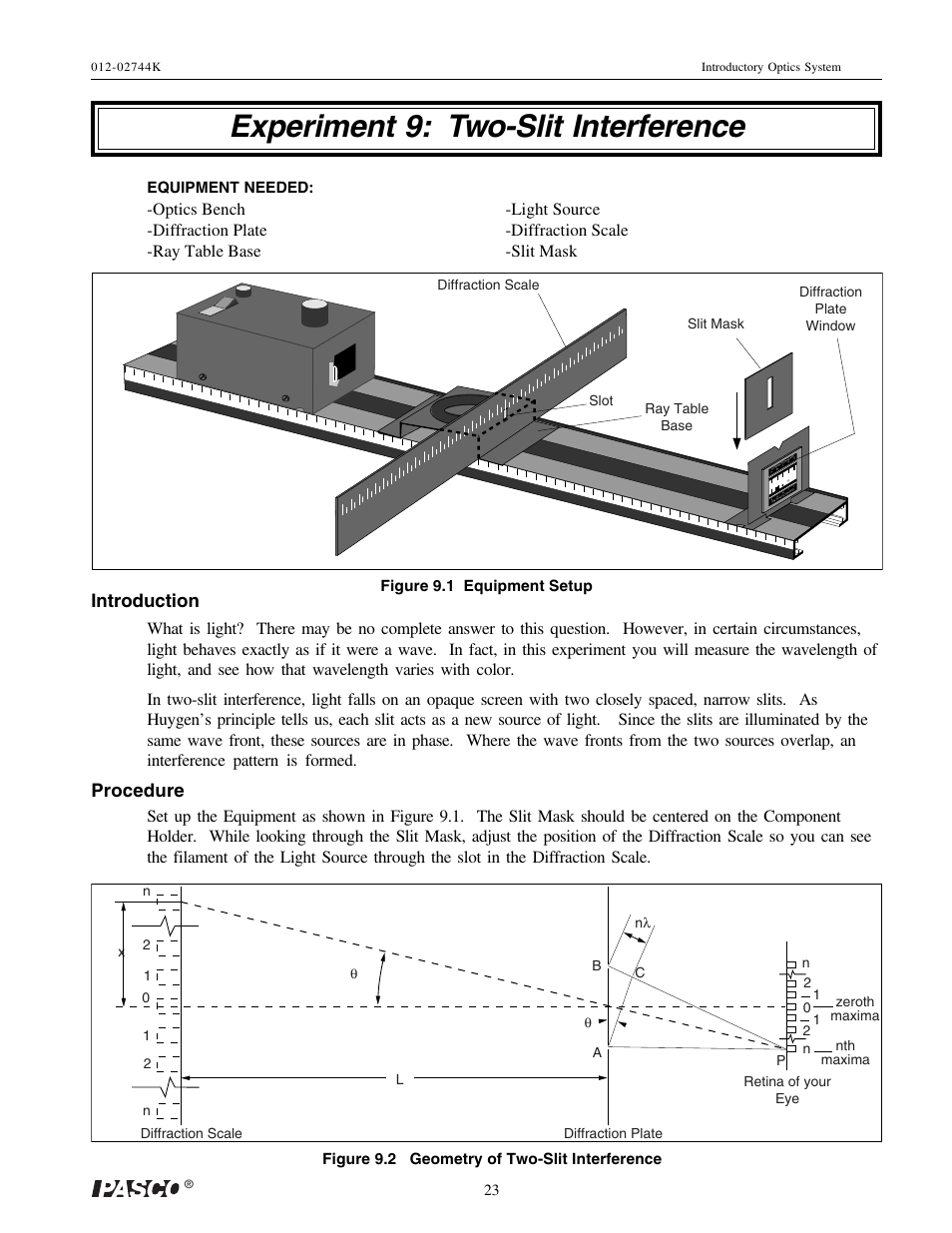Experiment 9: two-slit interference, Introduction, Procedure | PASCO OS-8500 INTRODUCTORY OPTICS SYSTEM User Manual | Page 29 / 75