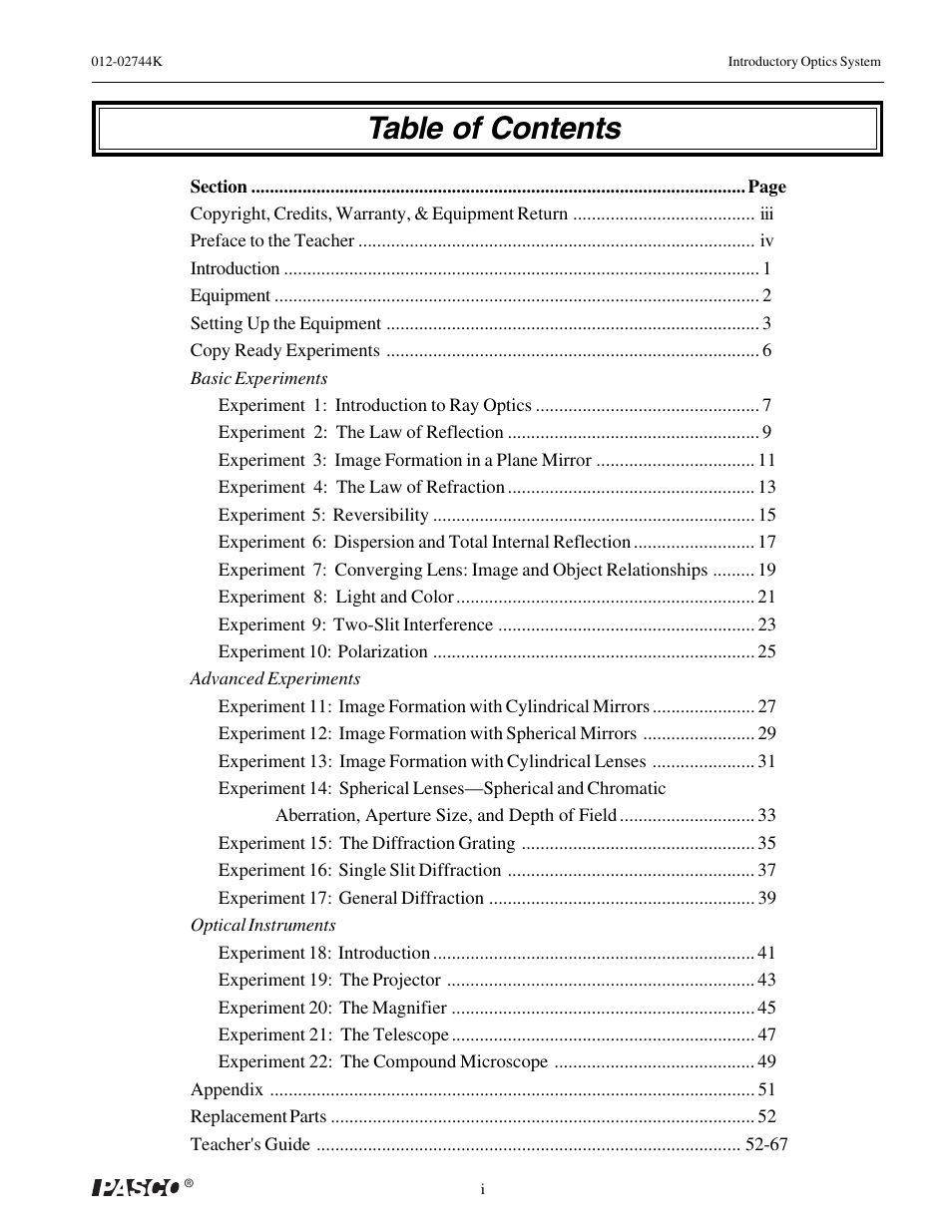 PASCO OS-8500 INTRODUCTORY OPTICS SYSTEM User Manual | Page 3 / 75