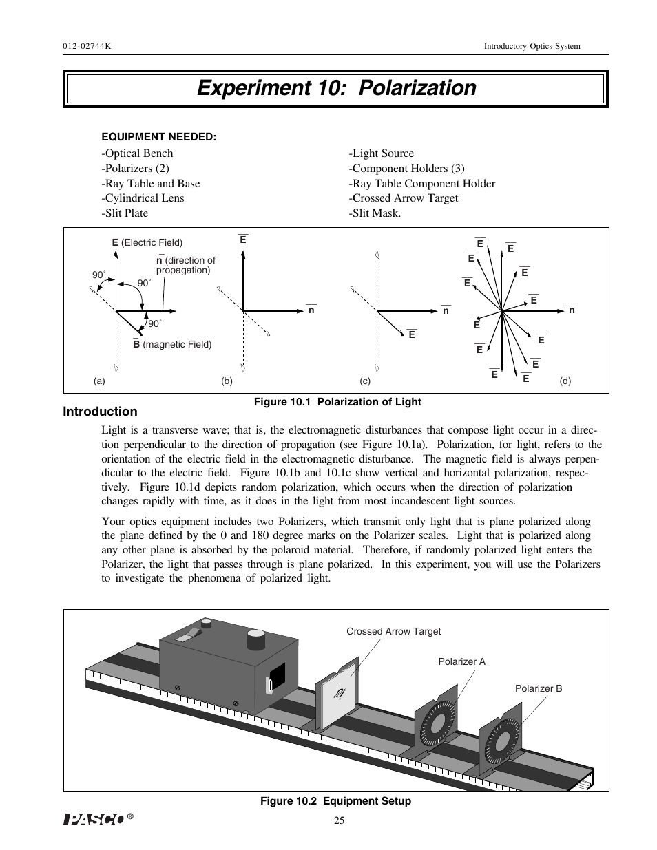 Experiment 10: polarization | PASCO OS-8500 INTRODUCTORY OPTICS SYSTEM User Manual | Page 31 / 75