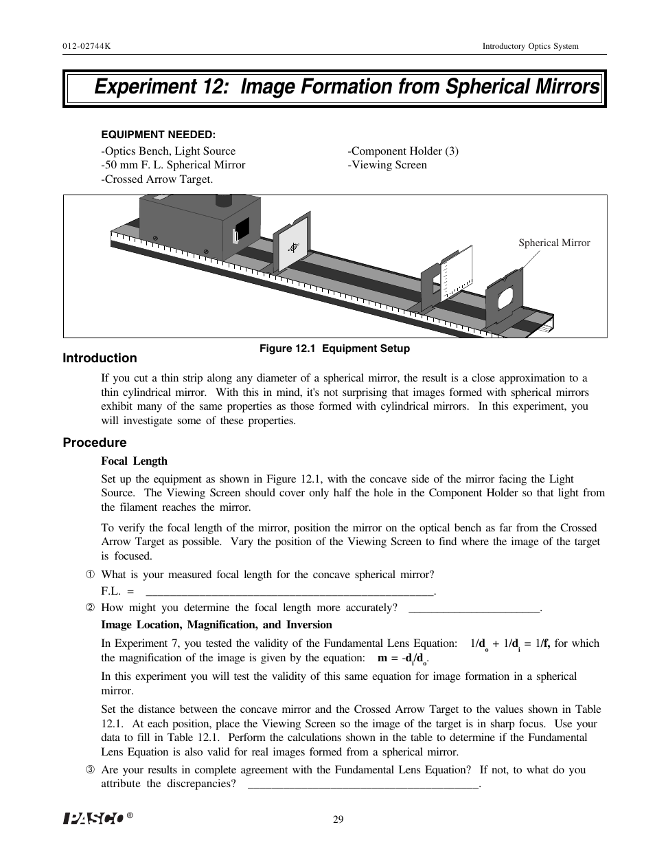 PASCO OS-8500 INTRODUCTORY OPTICS SYSTEM User Manual | Page 35 / 75