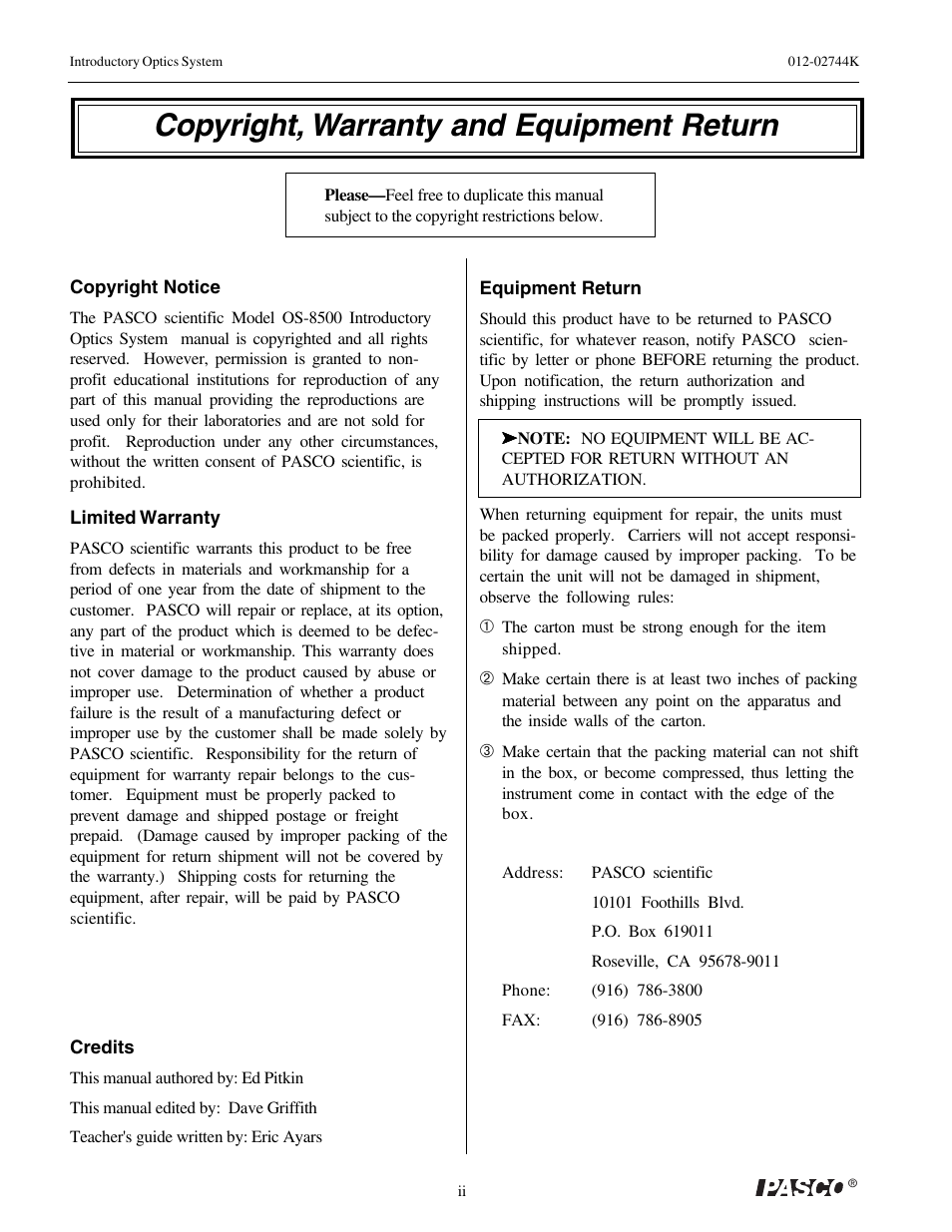 Copyright, warranty and equipment return | PASCO OS-8500 INTRODUCTORY OPTICS SYSTEM User Manual | Page 4 / 75
