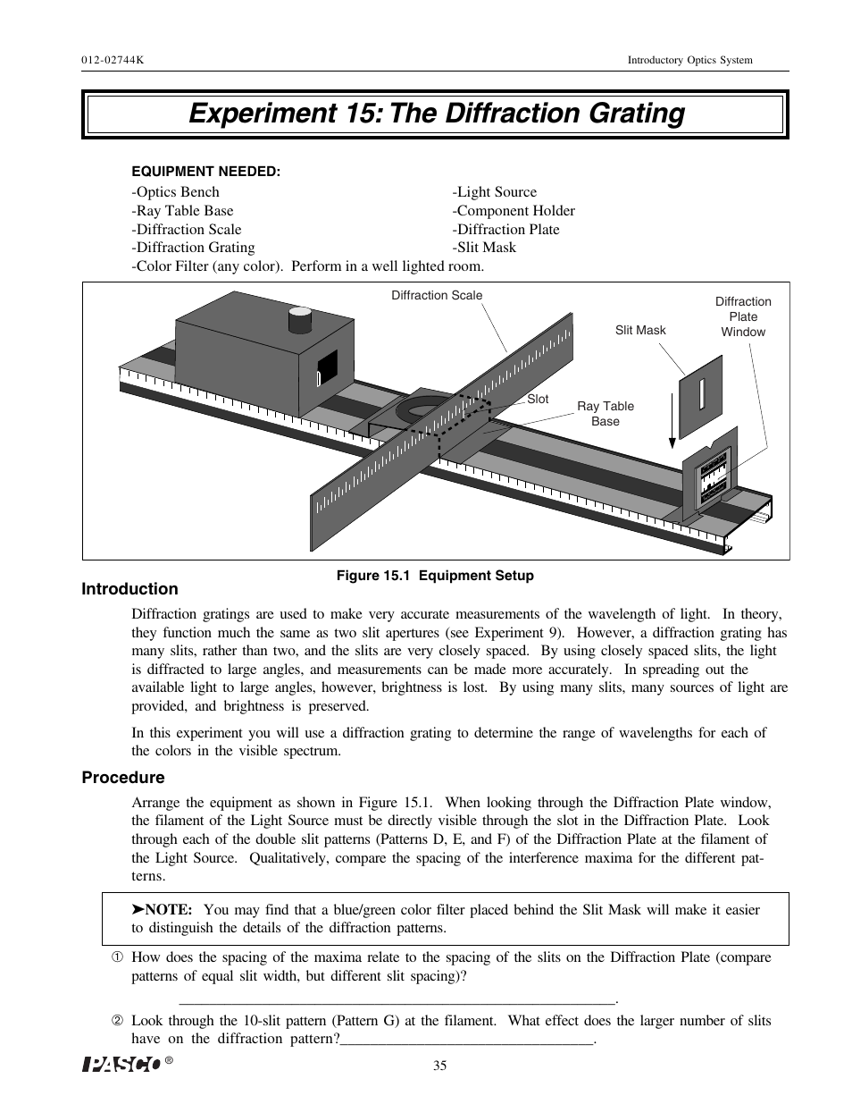 Experiment 15: the diffraction grating, Introduction, Procedure | PASCO OS-8500 INTRODUCTORY OPTICS SYSTEM User Manual | Page 41 / 75