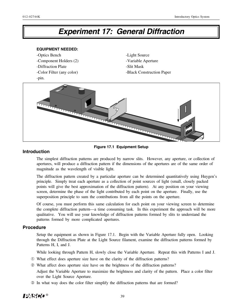 Experiment 17: general diffraction, Introduction, Procedure | PASCO OS-8500 INTRODUCTORY OPTICS SYSTEM User Manual | Page 45 / 75