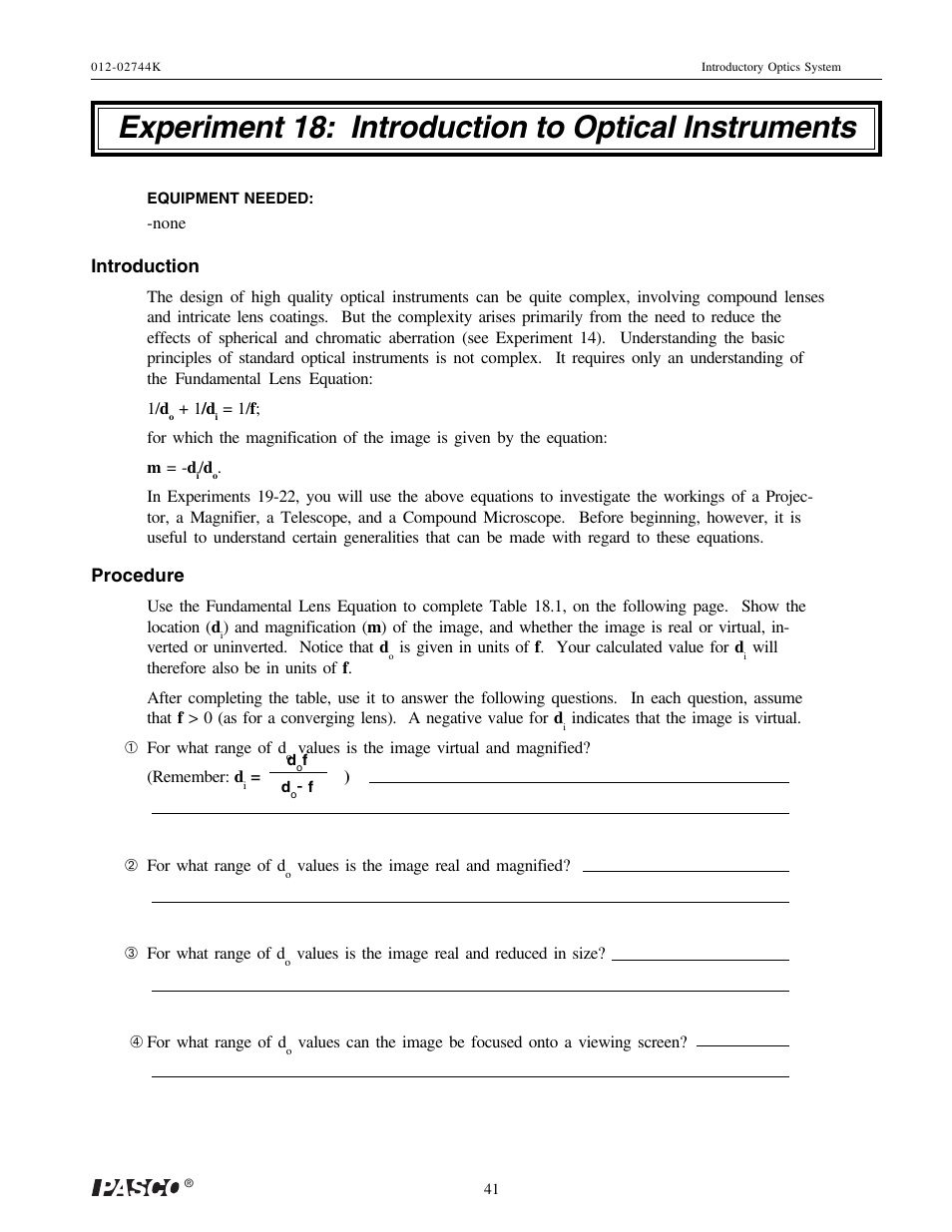 Experiment 18: introduction to optical instruments | PASCO OS-8500 INTRODUCTORY OPTICS SYSTEM User Manual | Page 47 / 75