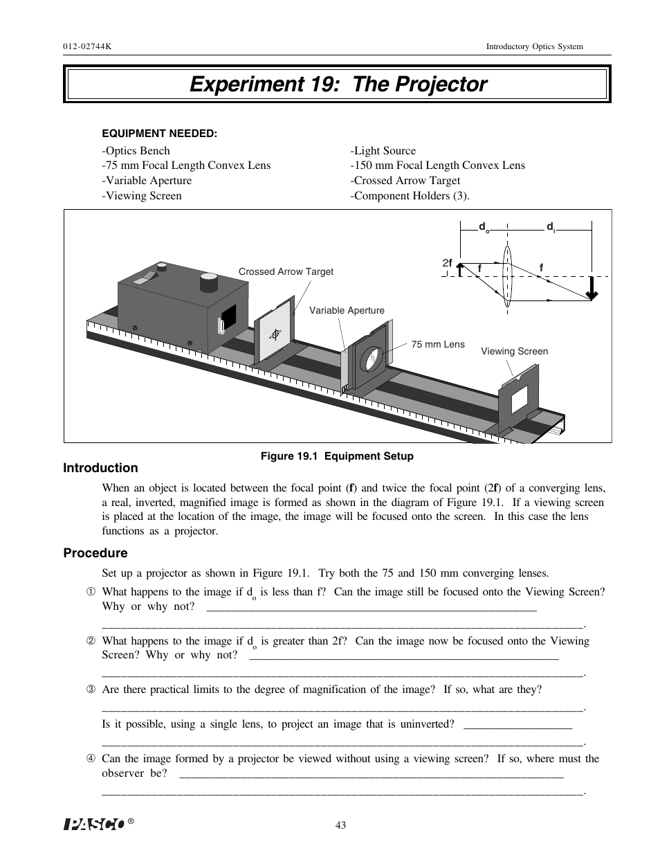 Experiment 19: the projector | PASCO OS-8500 INTRODUCTORY OPTICS SYSTEM User Manual | Page 49 / 75