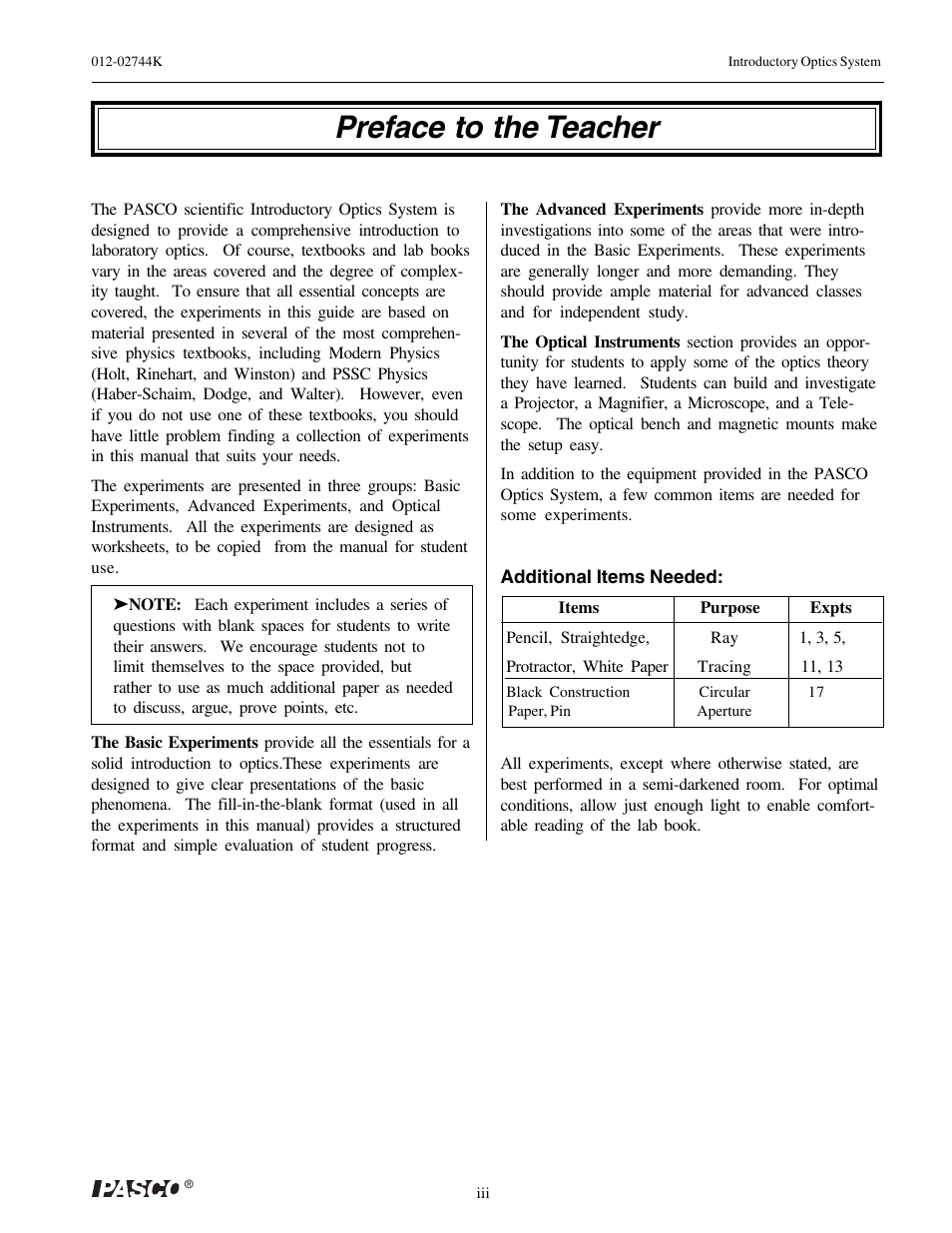 Preface to the teacher | PASCO OS-8500 INTRODUCTORY OPTICS SYSTEM User Manual | Page 5 / 75