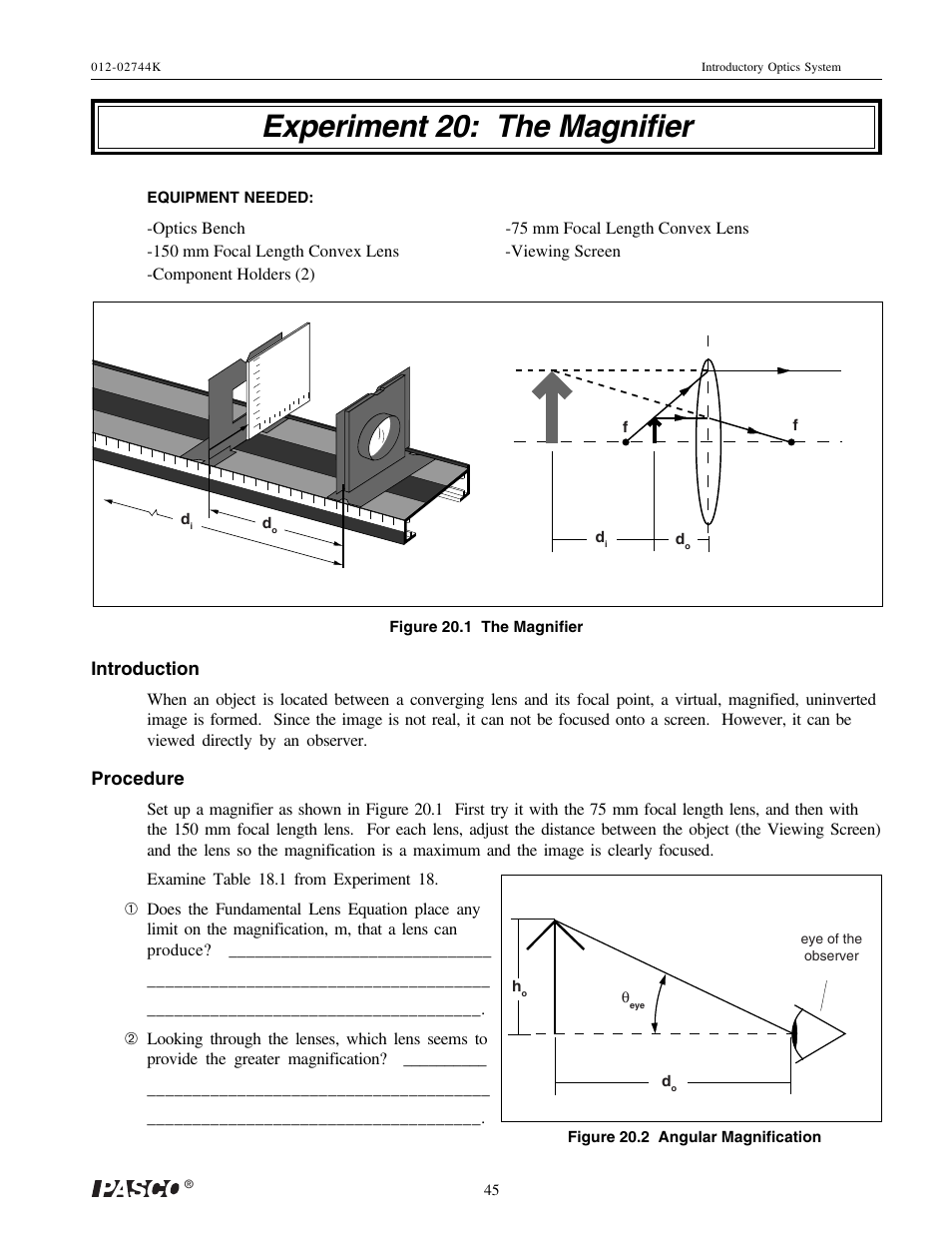 Experiment 20: the magnifier | PASCO OS-8500 INTRODUCTORY OPTICS SYSTEM User Manual | Page 51 / 75