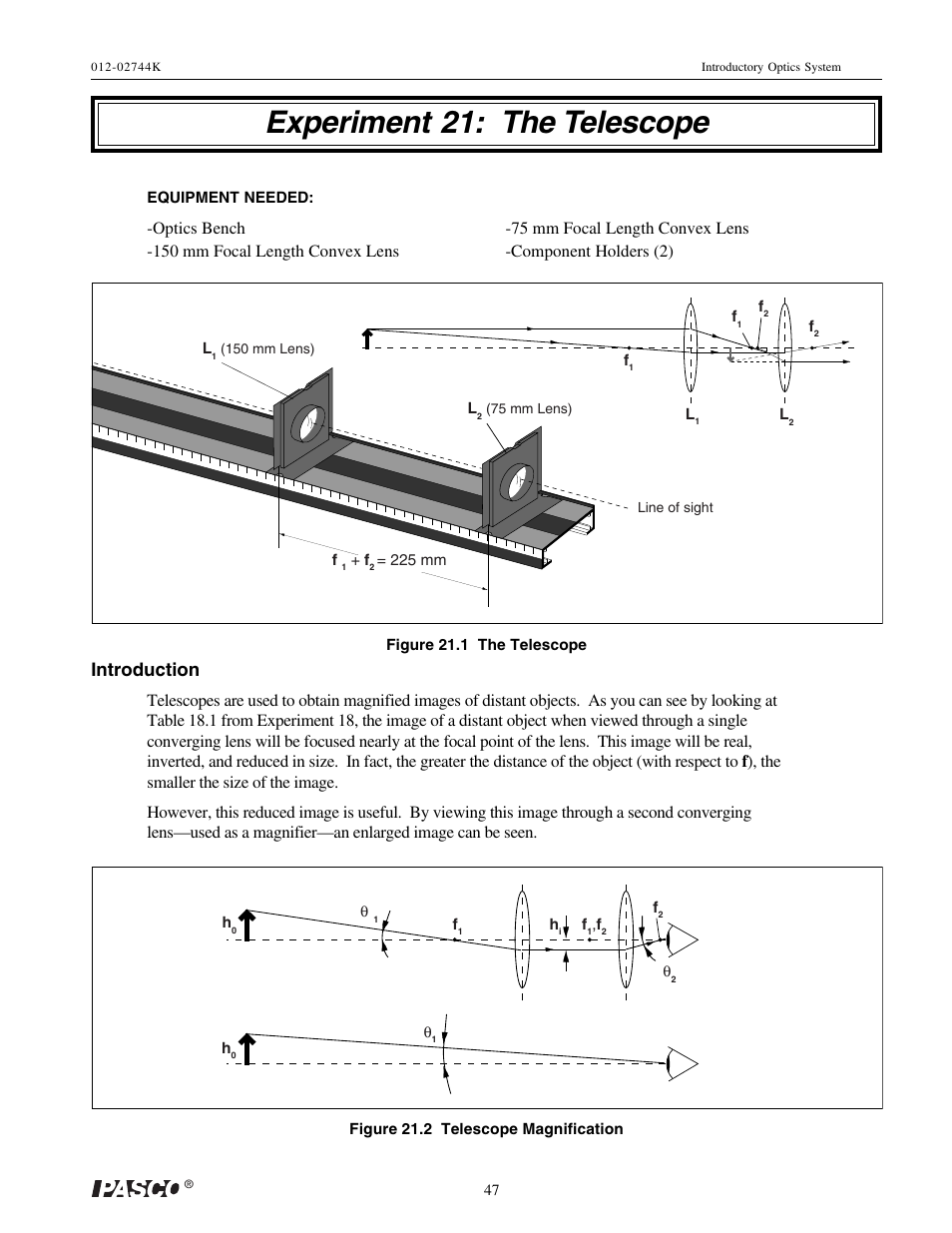 Experiment 21: the telescope, Introduction | PASCO OS-8500 INTRODUCTORY OPTICS SYSTEM User Manual | Page 53 / 75