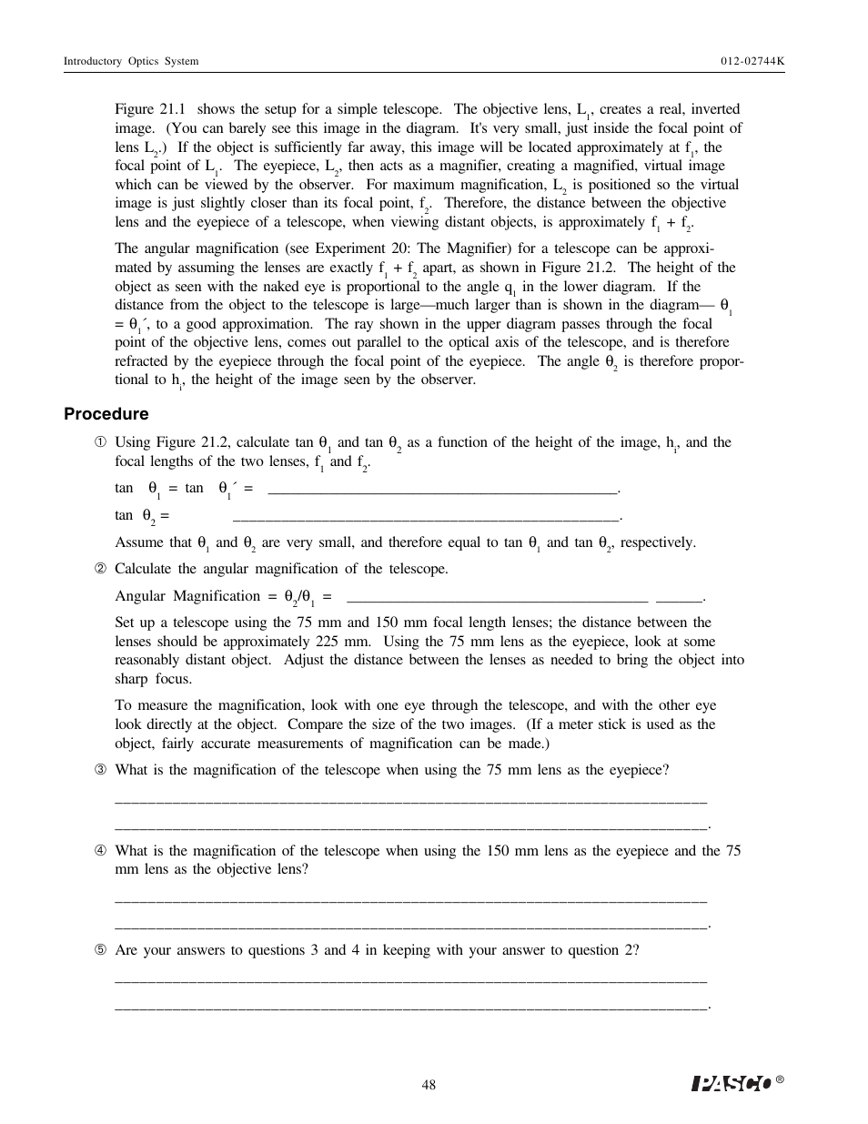 PASCO OS-8500 INTRODUCTORY OPTICS SYSTEM User Manual | Page 54 / 75