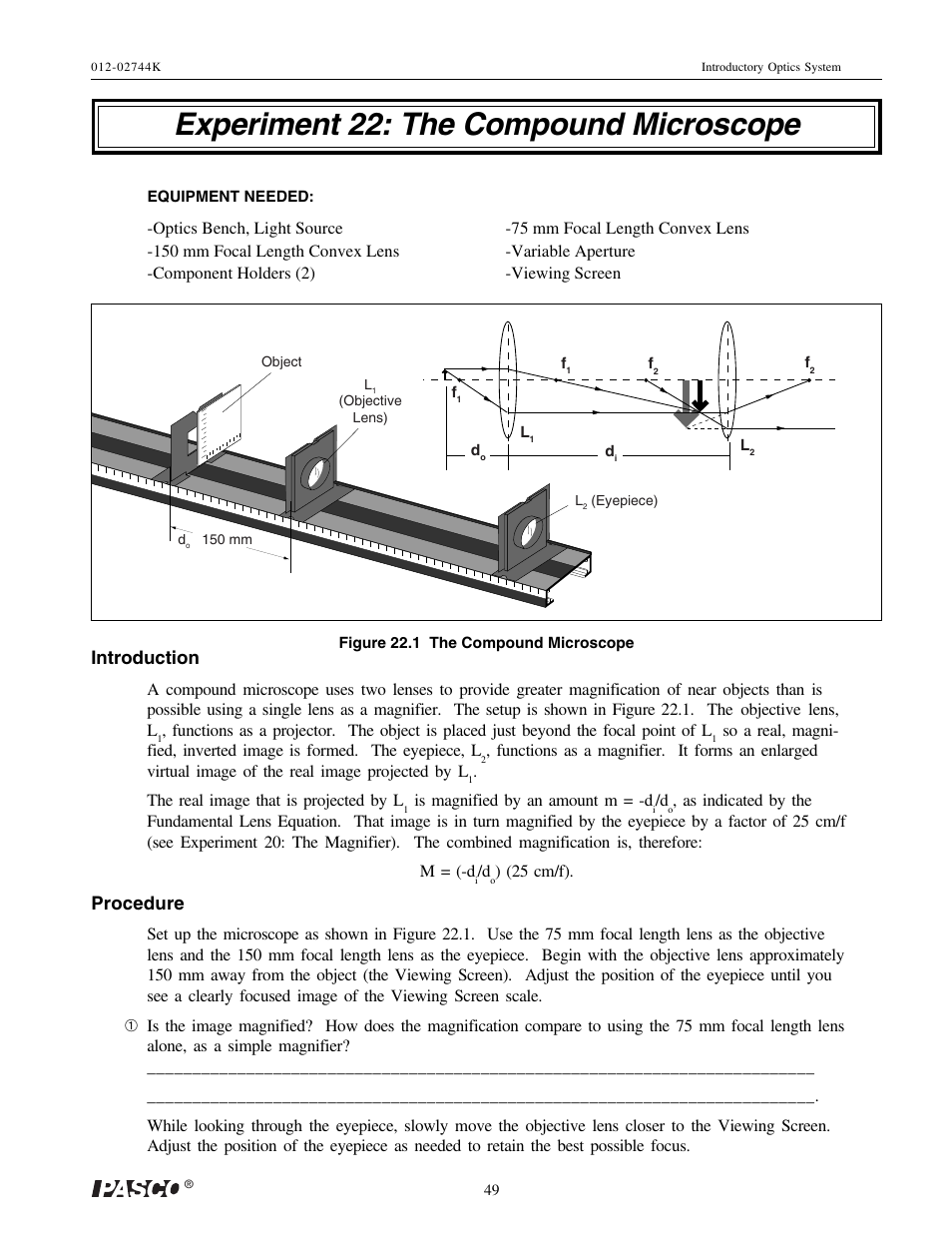 Experiment 22: the compound microscope, Introduction, Procedure | PASCO OS-8500 INTRODUCTORY OPTICS SYSTEM User Manual | Page 55 / 75