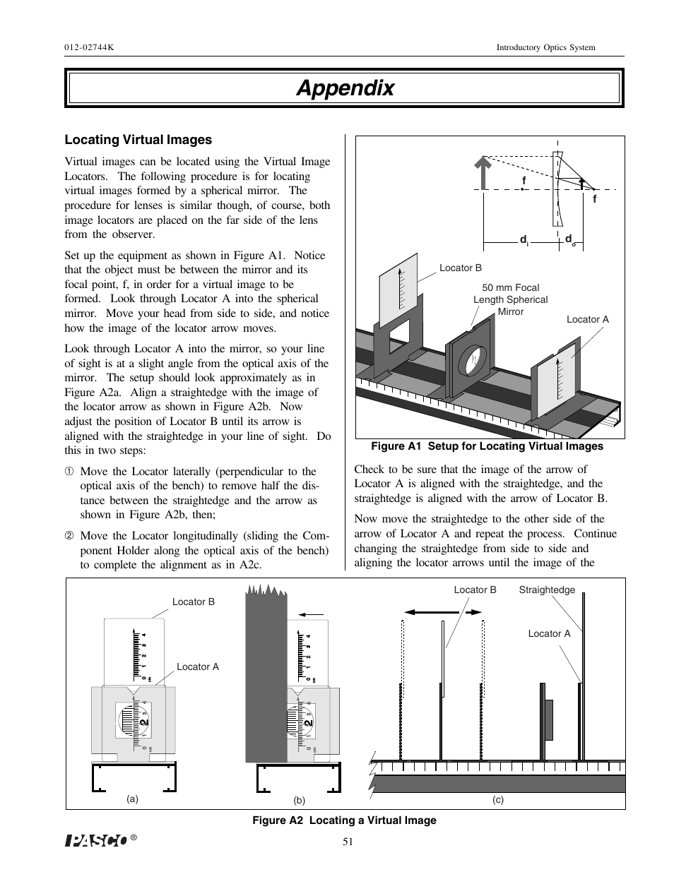 Appendix, Locating virtual images | PASCO OS-8500 INTRODUCTORY OPTICS SYSTEM User Manual | Page 57 / 75